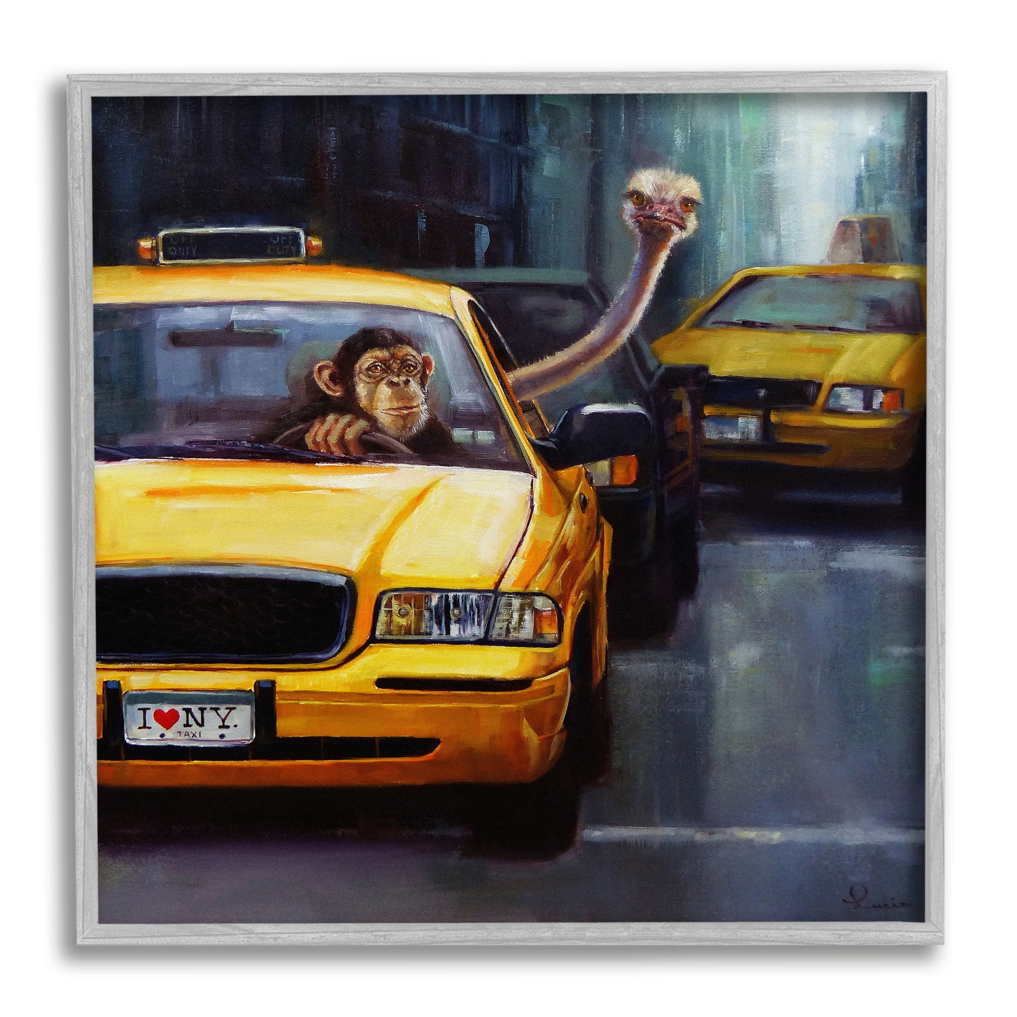 Stupell Industries Quirky Ostrich Monkey Taxi New York Traffic Framed Wall Art, 17 x 17, Design by Lucia Heffernan
