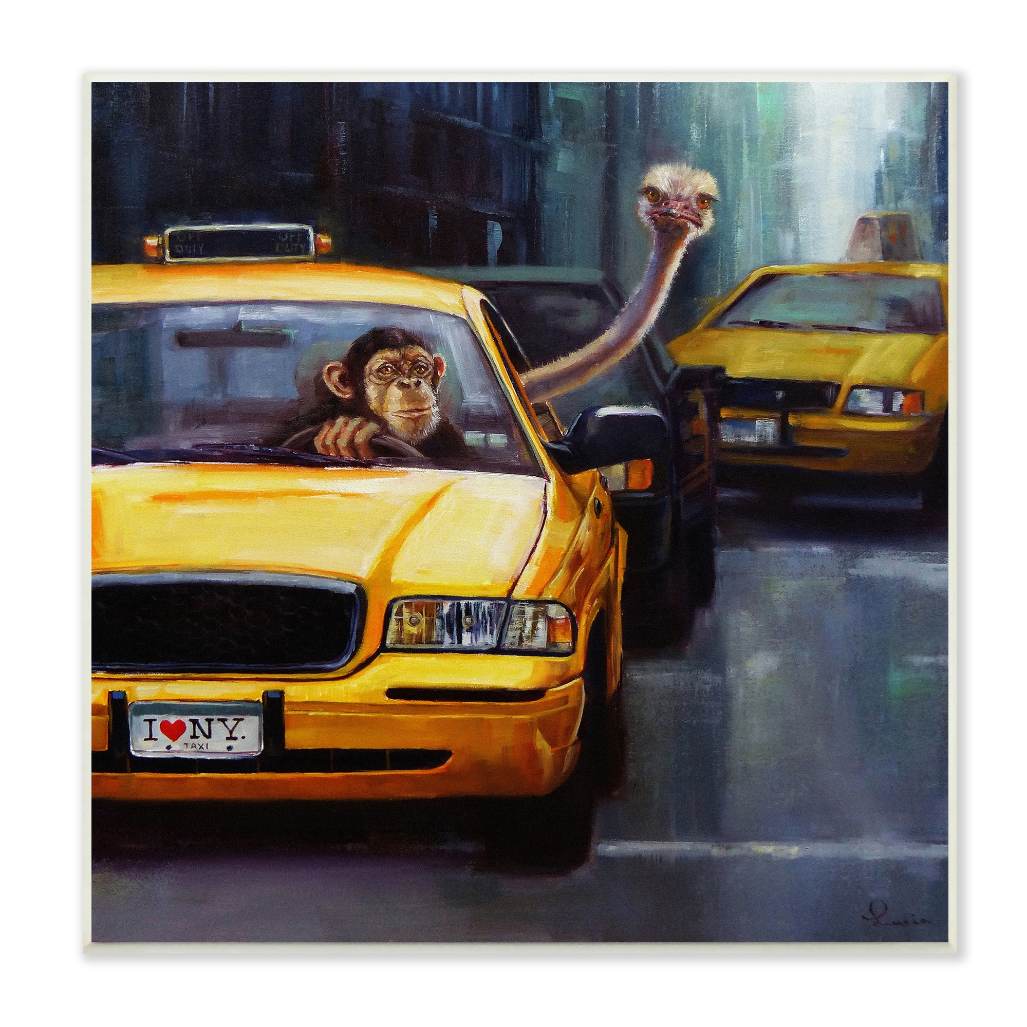 Stupell Industries Quirky Ostrich Monkey Taxi New York Traffic Wood Wall Art, 12 x 12, Design by Lucia Heffernan
