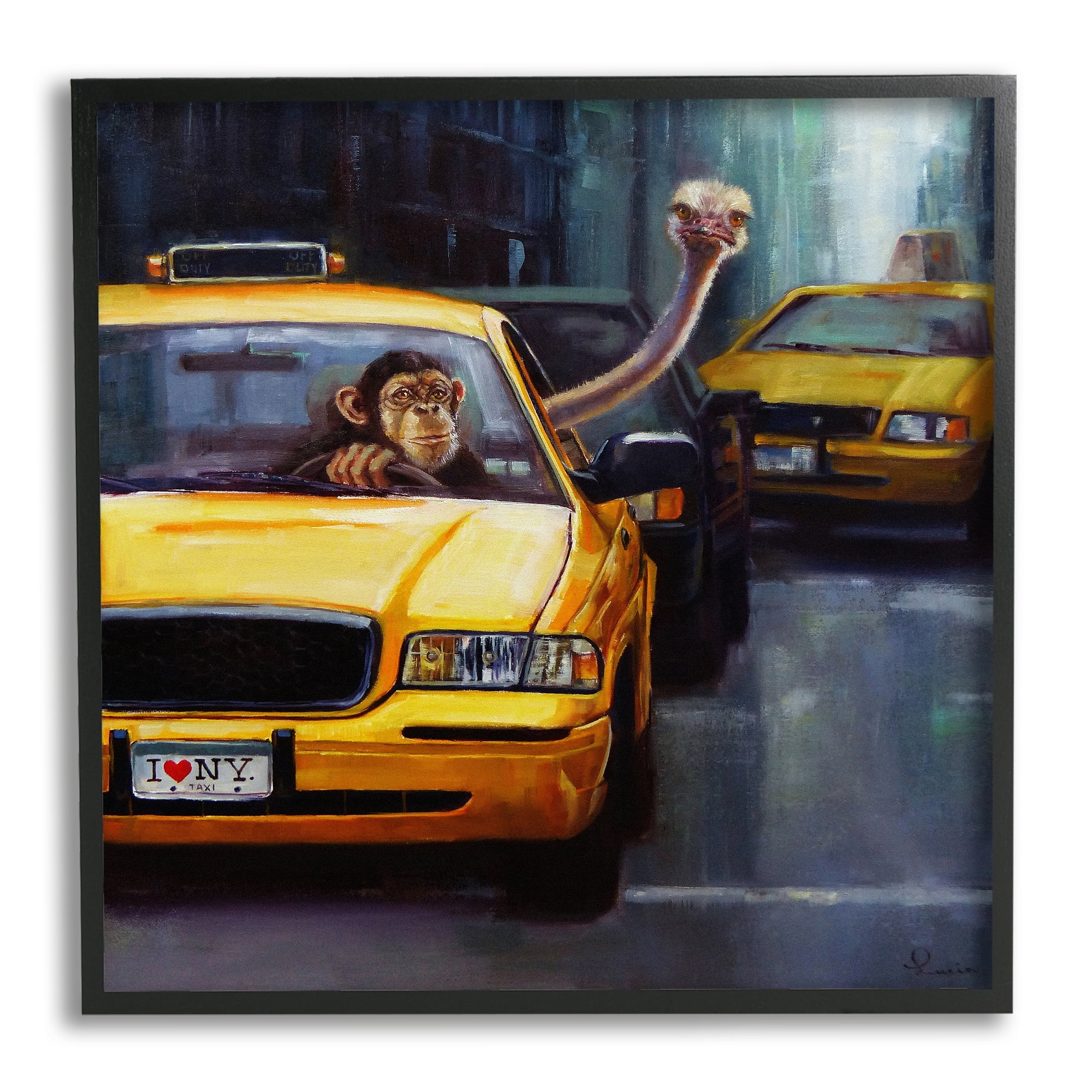Stupell Industries Quirky Ostrich Monkey Taxi Traffic Framed Wall Art, 24 x 24, Design by Lucia Heffernan