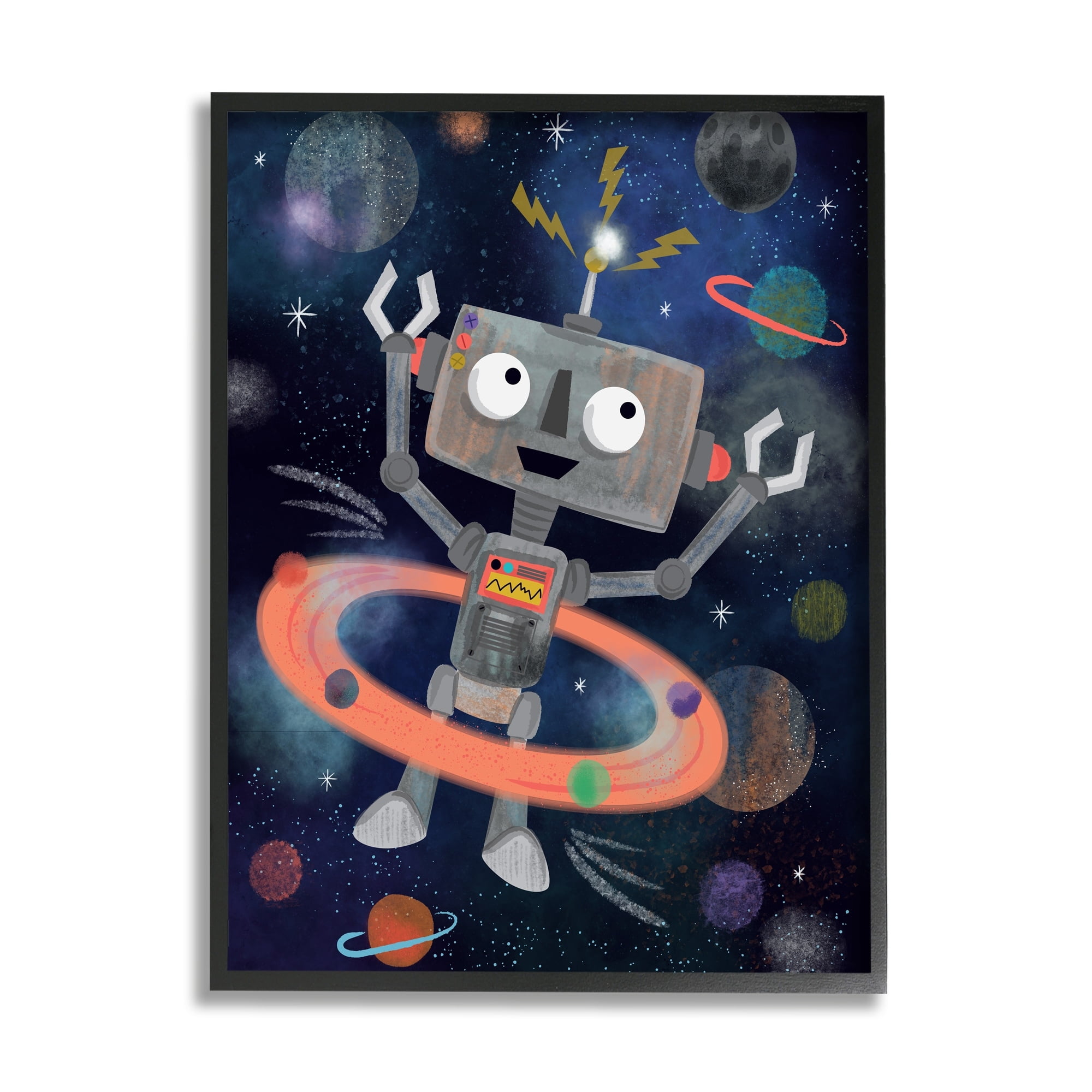 Stupell Industries Quirky Robot Outer Space Universe Surrounding Planets Graphic Art Black Framed Art Print Wall Art, Design by Lisa Whitebutton