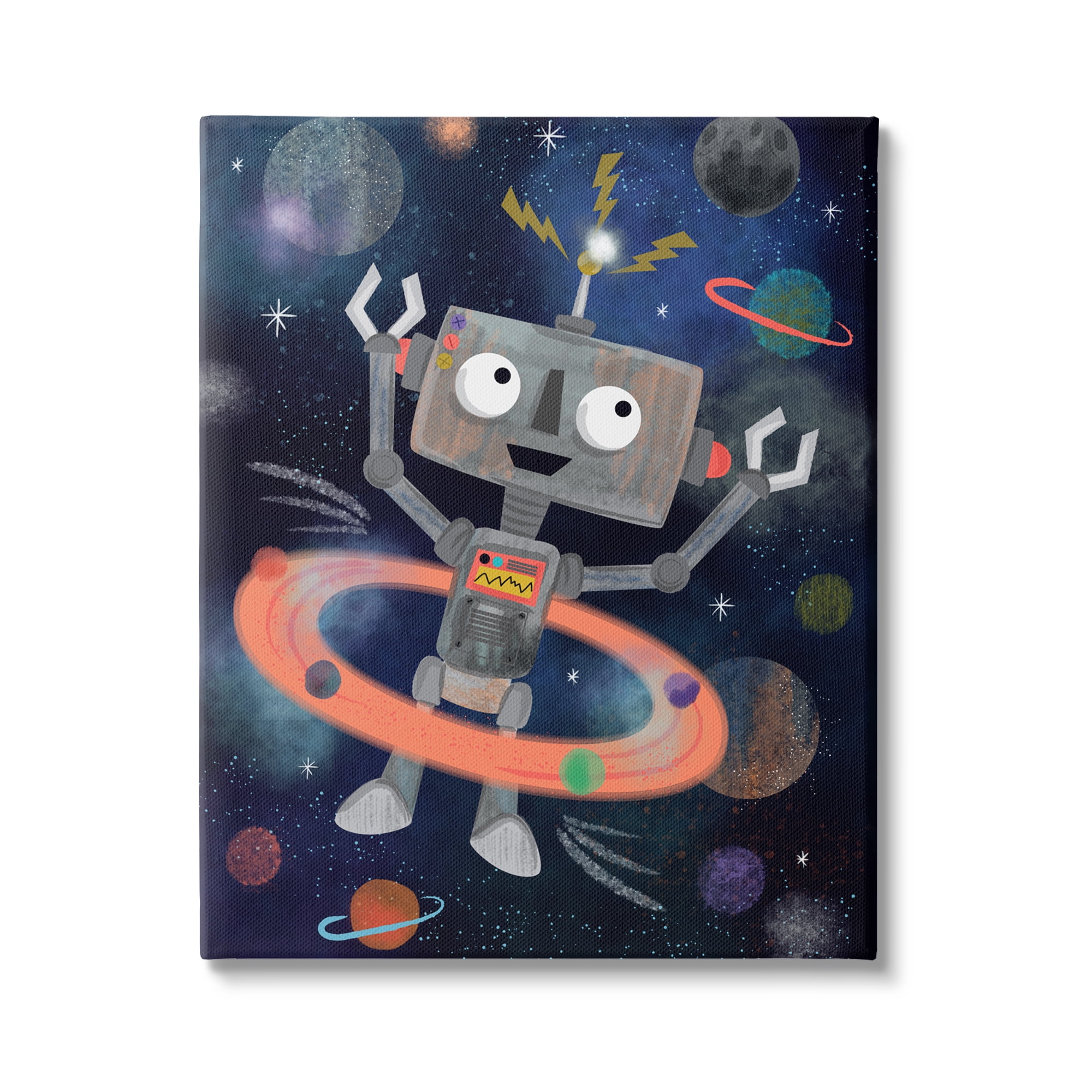 Stupell Industries Quirky Robot Outer Space Universe Surrounding Planets Graphic Art Gallery Wrapped Canvas Print Wall Art, Design by Lisa Whitebutton