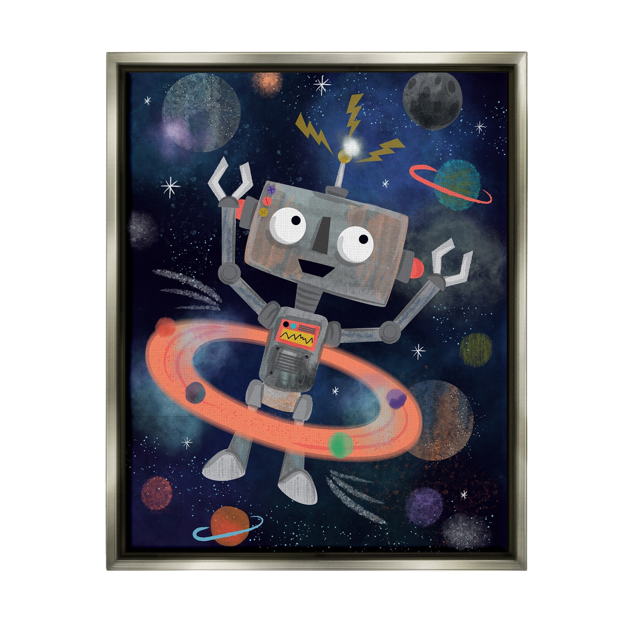 Stupell Industries Quirky Robot Outer Space Universe Surrounding Planets Graphic Art Luster Gray Floating Framed Canvas Print Wall Art, Design by Lisa Whitebutton