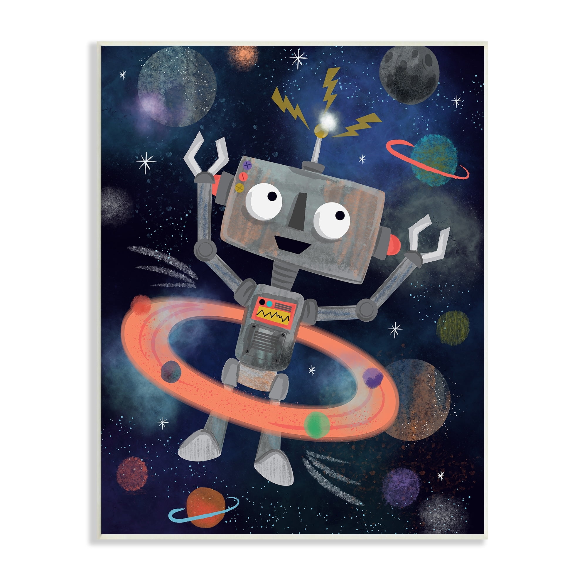 Stupell Industries Quirky Robot Outer Space Universe Surrounding Planets Graphic Art Unframed Art Print Wall Art, Design by Lisa Whitebutton
