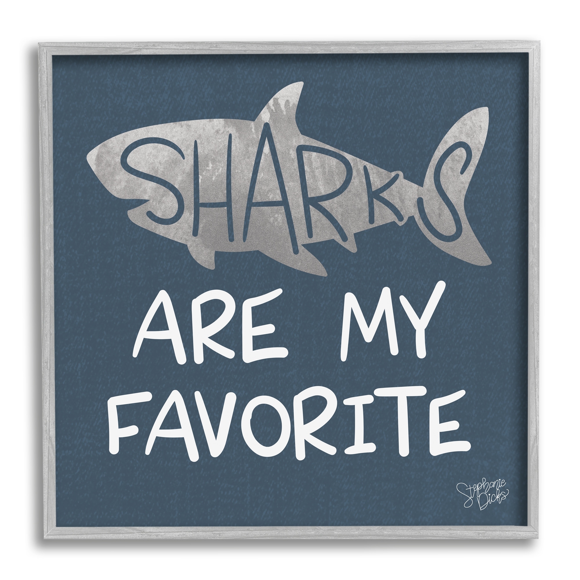 Stupell Industries Quirky Sharks Saying Text Maritime Blue Background Graphic Art Gray Framed Art Print Wall Art, 24x24, by Stehanie Dicks