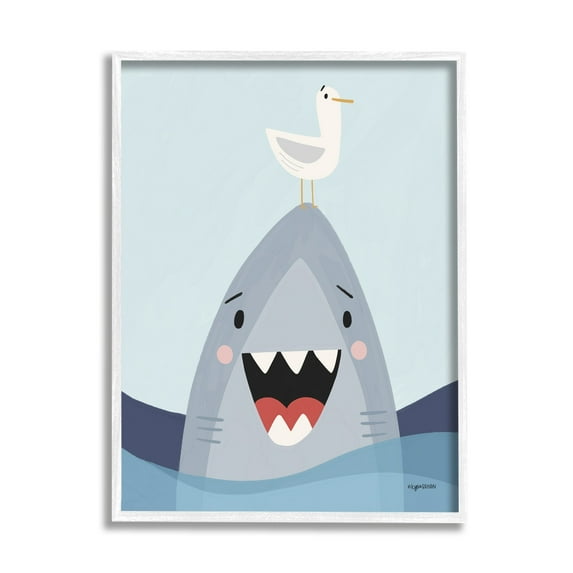 Stupell Industries Quirky Smiling Shark Seagull Nautical Ocean Waves Graphic Art White Framed Art Print Wall Art, 11x14, by Kyra Brown