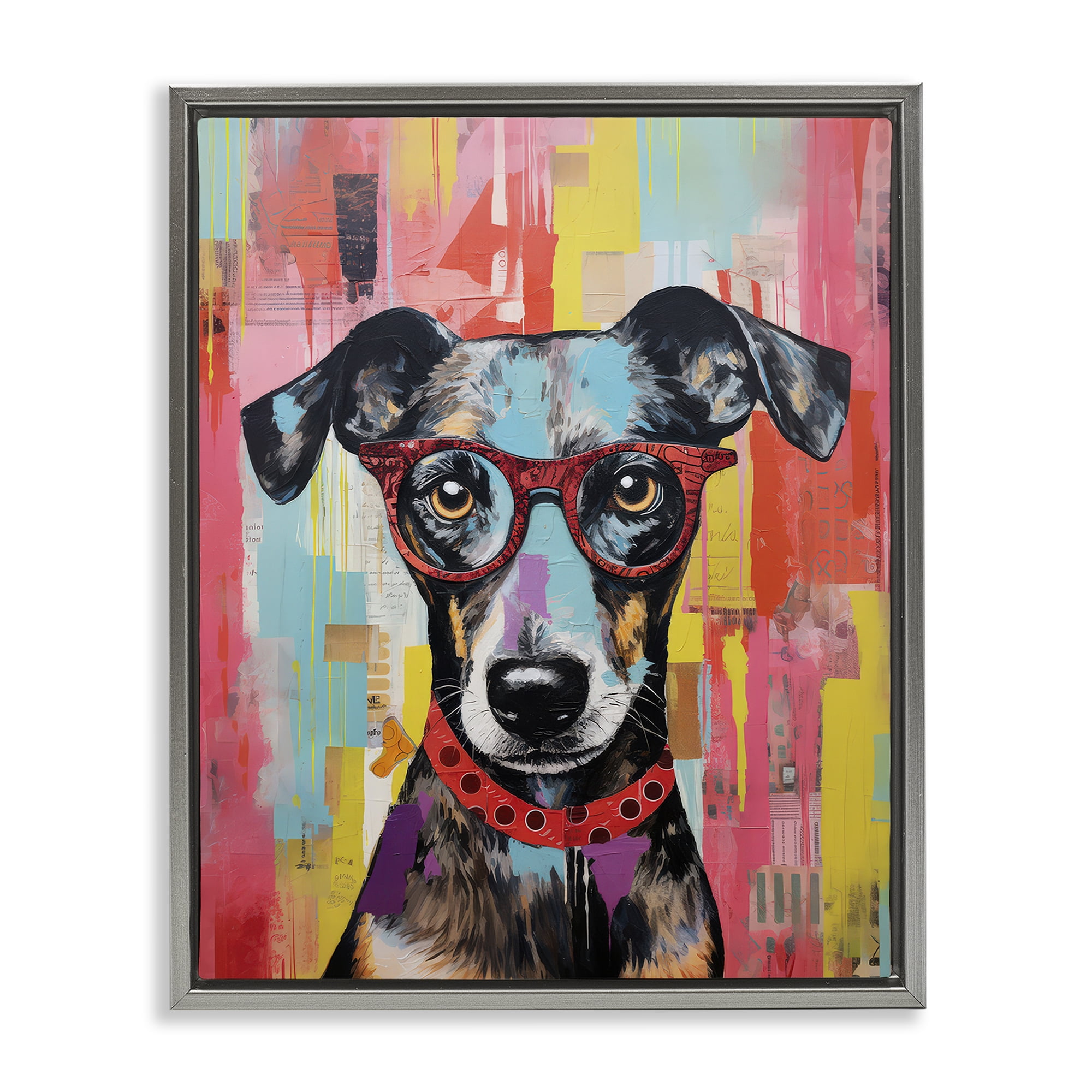 Stupell Industries Quirky Spectacle Dog Animals Painting Gray Floater Framed Canvas Art Print Wall Art, 25 x 31