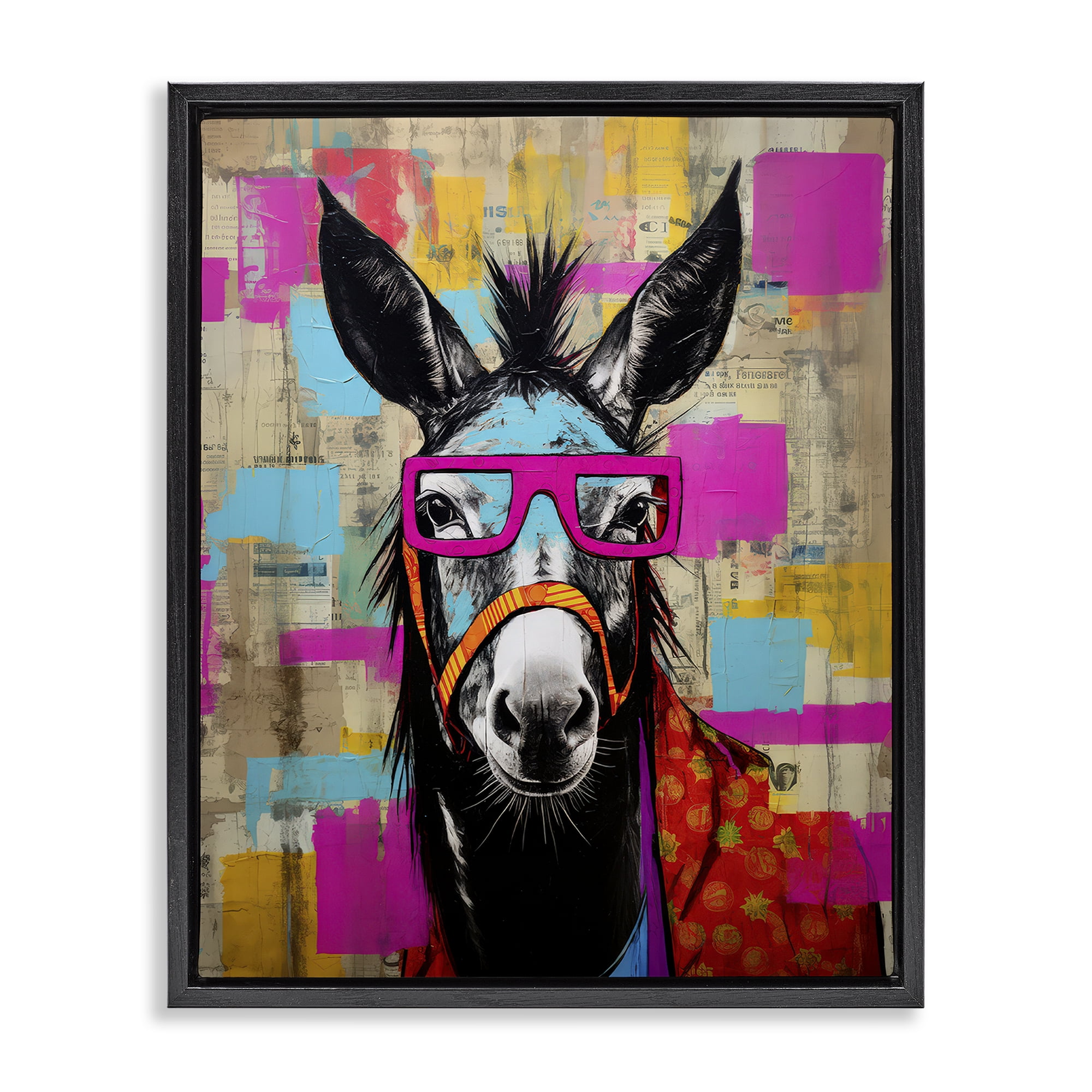 Stupell Industries Quirky Spectacle Donkey Animals Painting Black Floater Framed Canvas Art Print Wall Art, 25 x 31