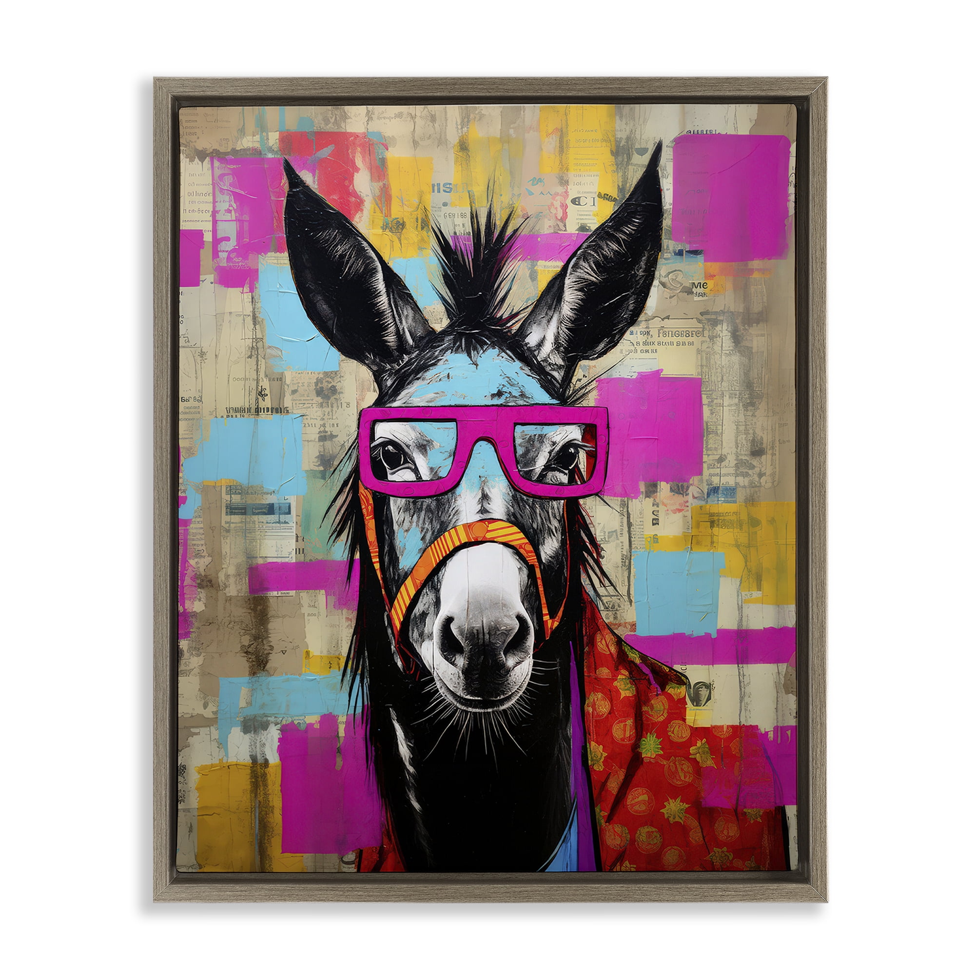 Stupell Industries Quirky Spectacle Donkey Animals Painting Brown Floater Framed Canvas Art Print Wall Art, 17 x 21