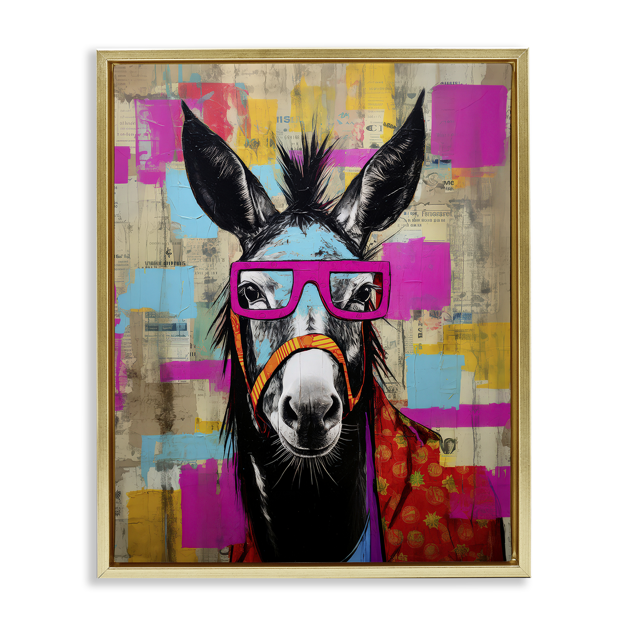 Stupell Industries Quirky Spectacle Donkey Animals Painting Gold Floater Framed Canvas Art Print Wall Art, 25 x 31