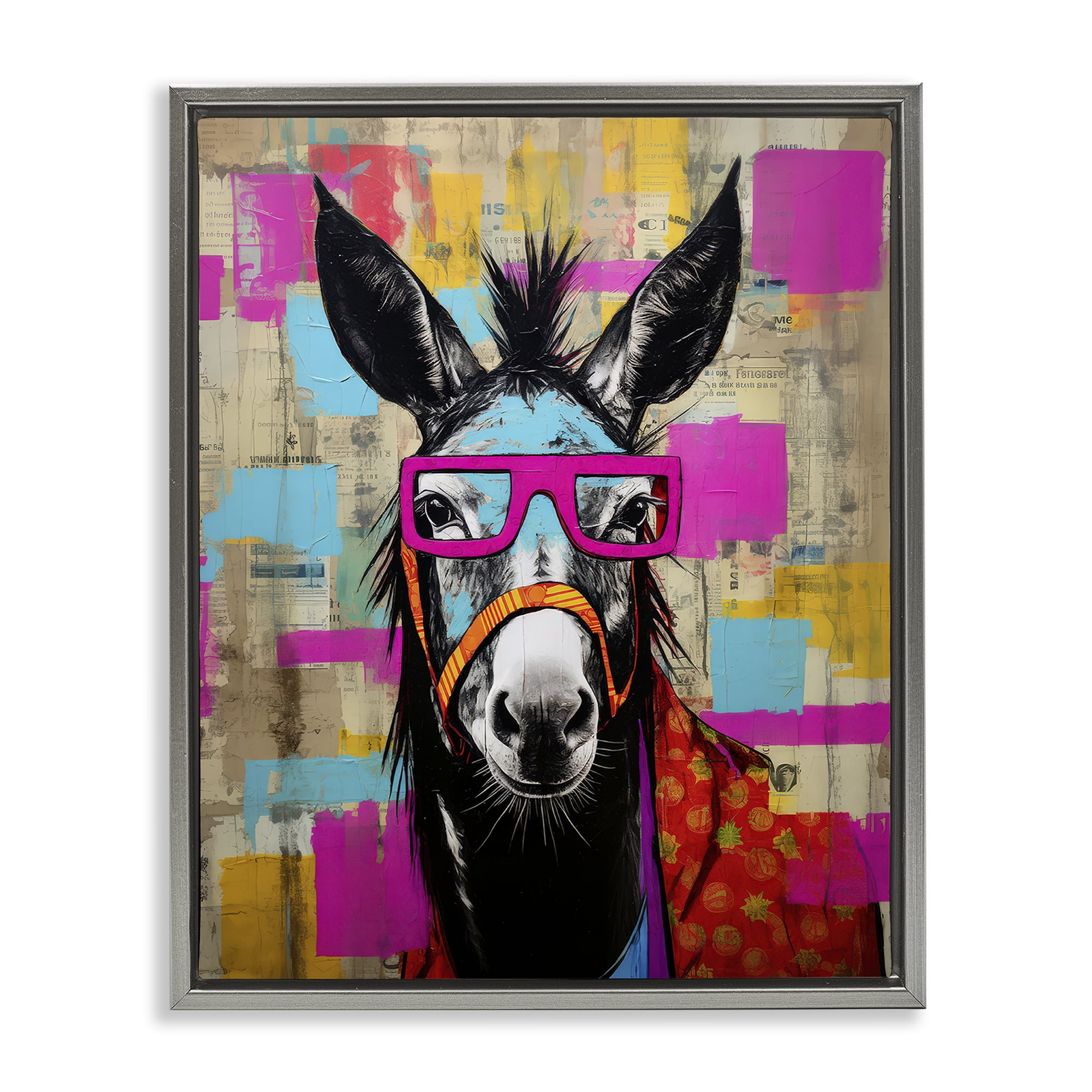 Stupell Industries Quirky Spectacle Donkey Animals Painting Gray Floater Framed Canvas Art Print Wall Art, 17 x 21