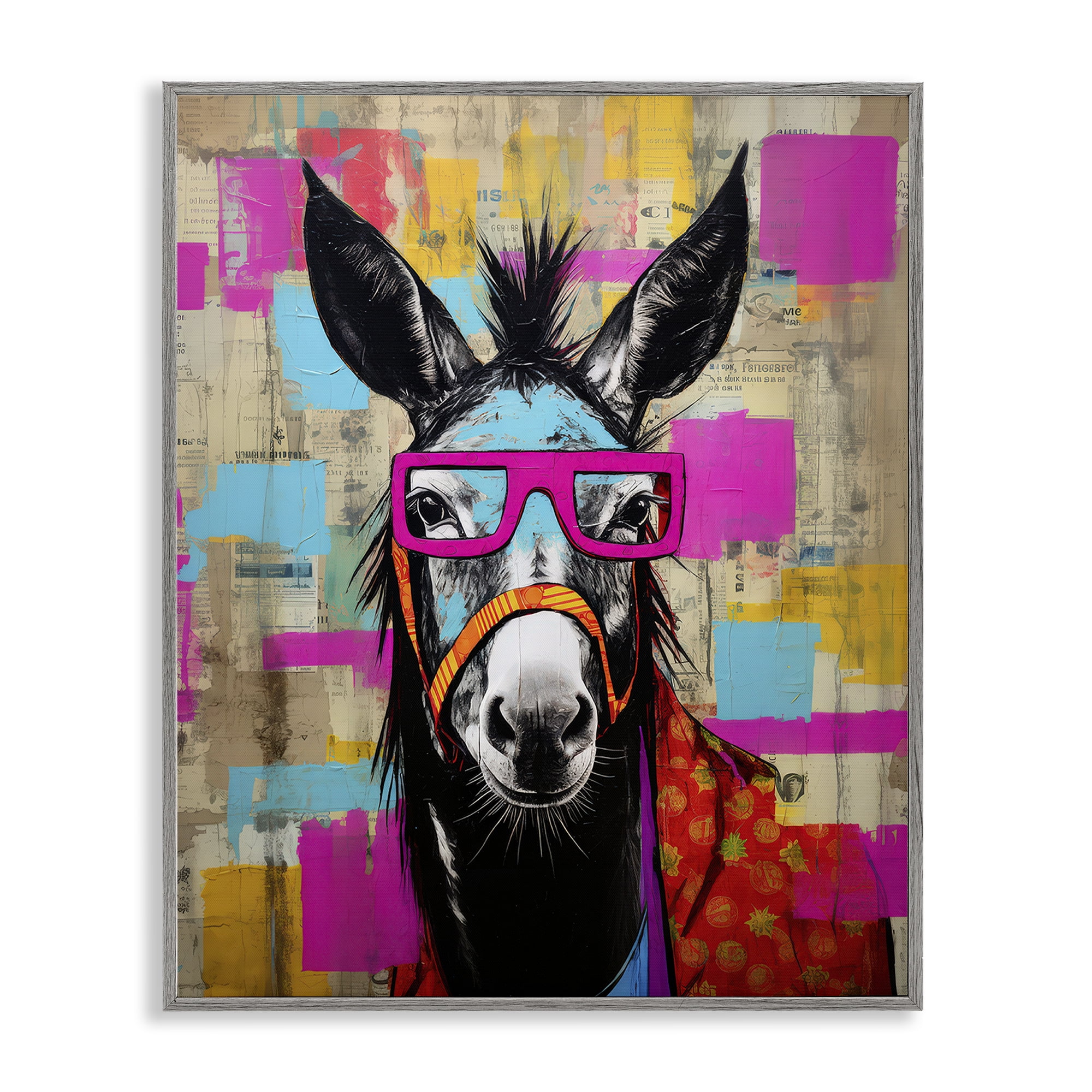 Stupell Industries Quirky Spectacle Donkey Animals Painting Gray Framed Art Print Wall Art, 24 x 30