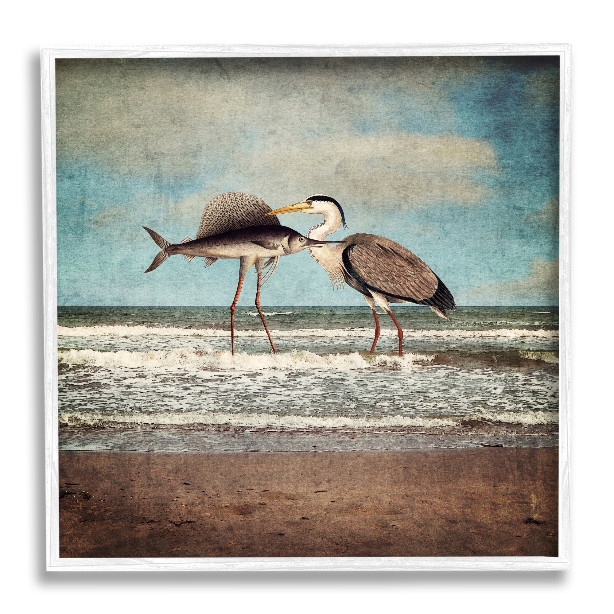 Stupell Industries Quirky Surreal Fish Bird Animals Beach Shoreline Framed Wall Art, 12 x 12, Design by Paula Belle Flores