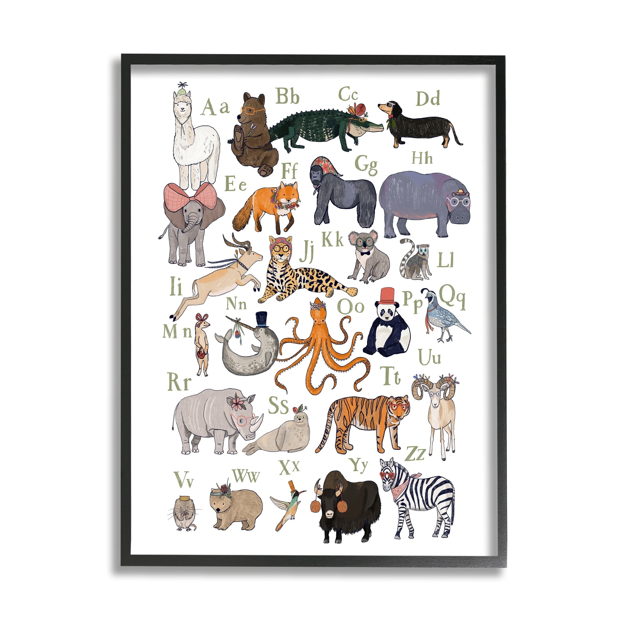 Stupell Industries Quirky Wildlife Animals Alphabet Educational Chart Graphic Art Black Framed Art Print Wall Art, 16x20, by Hanna Melin