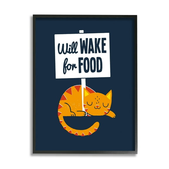 Stupell Industries Quirky Will Wake For Food Sleeping Cat Sign Framed Wall Art, 16 x 20, Design by Michael Buxton