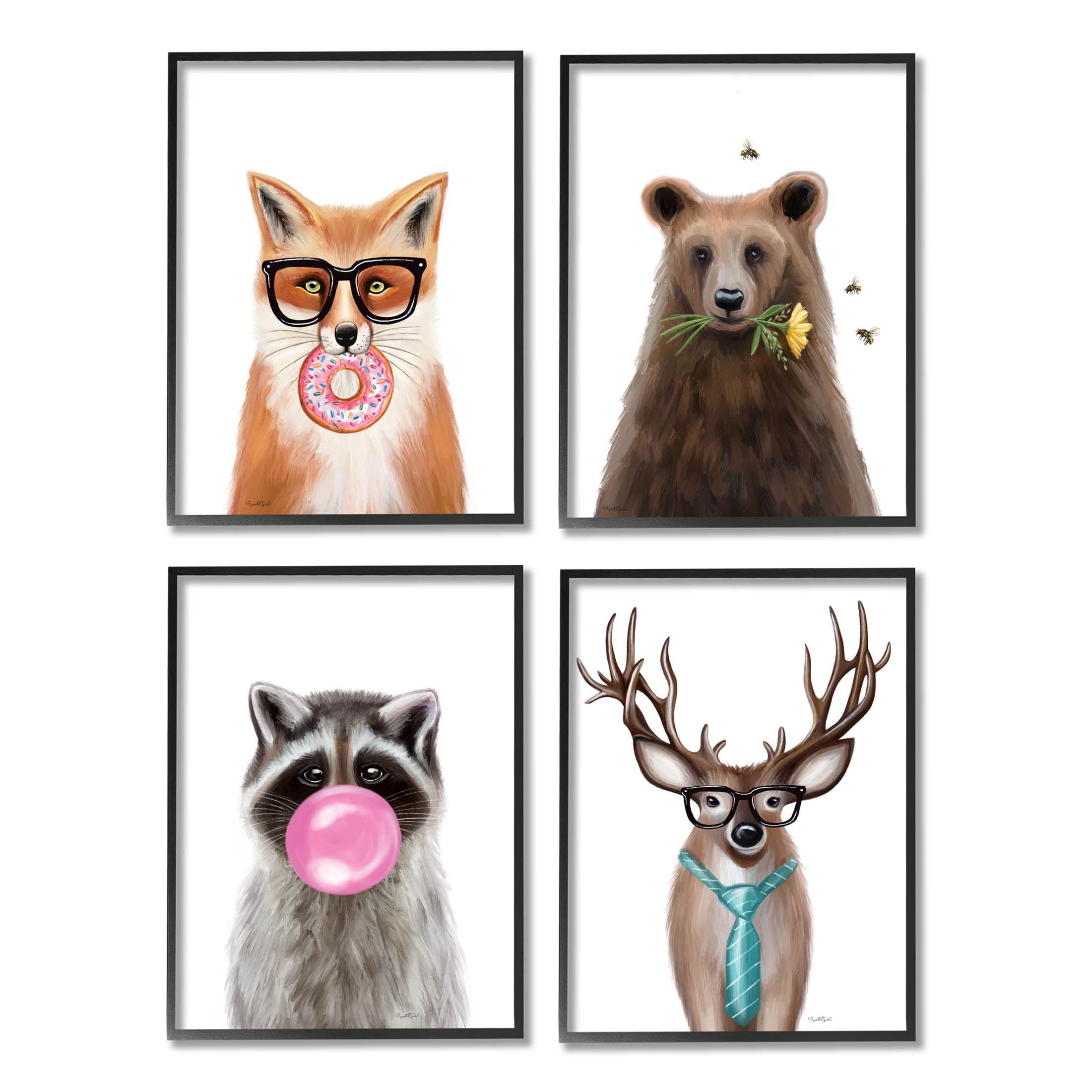 Stupell Industries Quirky Woodland Animal Portraits Graphic Art Black Framed Art Print Wall Art, Set of 4, Design by Elizabeth Tyndall