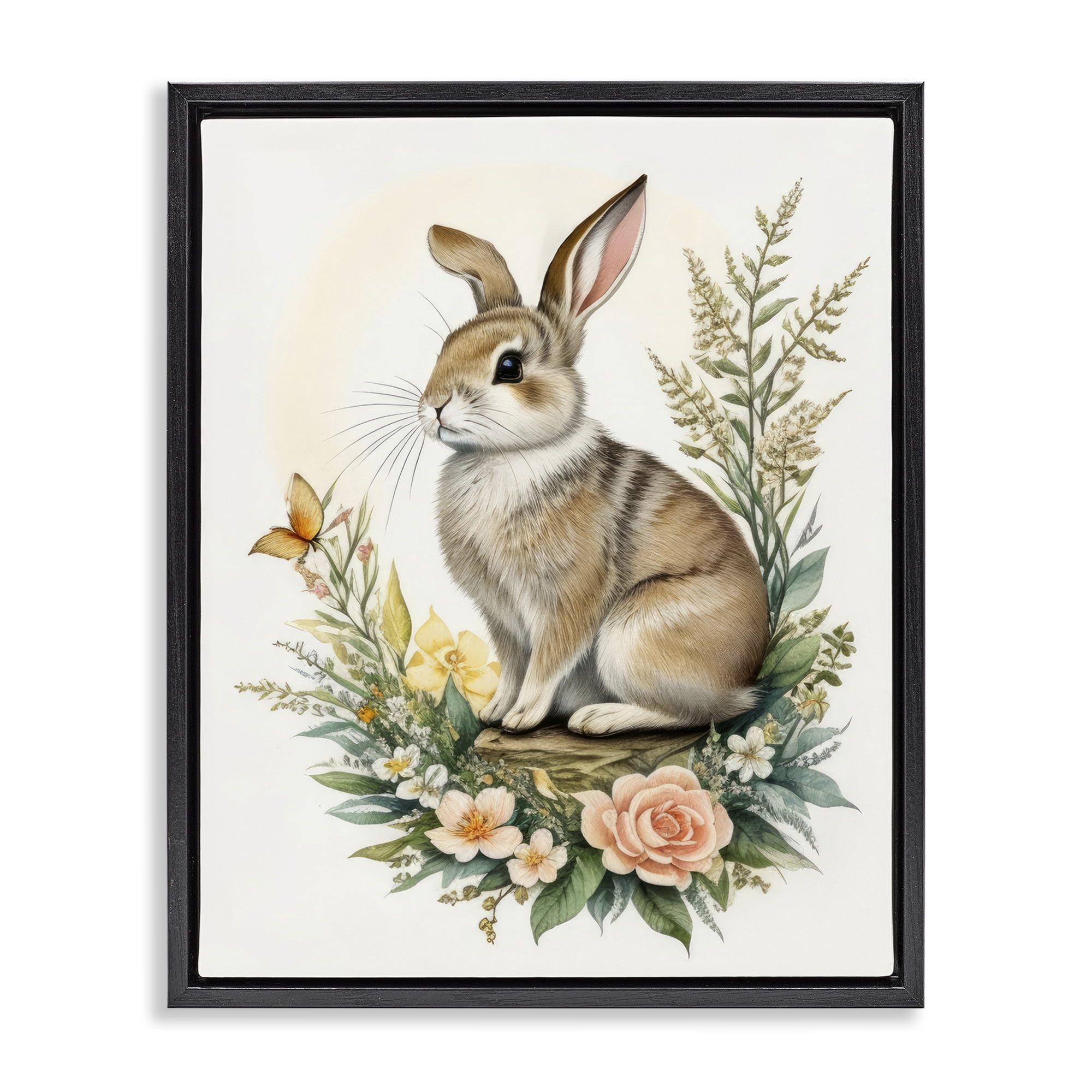 Stupell Industries Rabbit Among Flowers Animals & Insects Painting Black Floater Framed Canvas Art Print Wall Art, 25 x 31