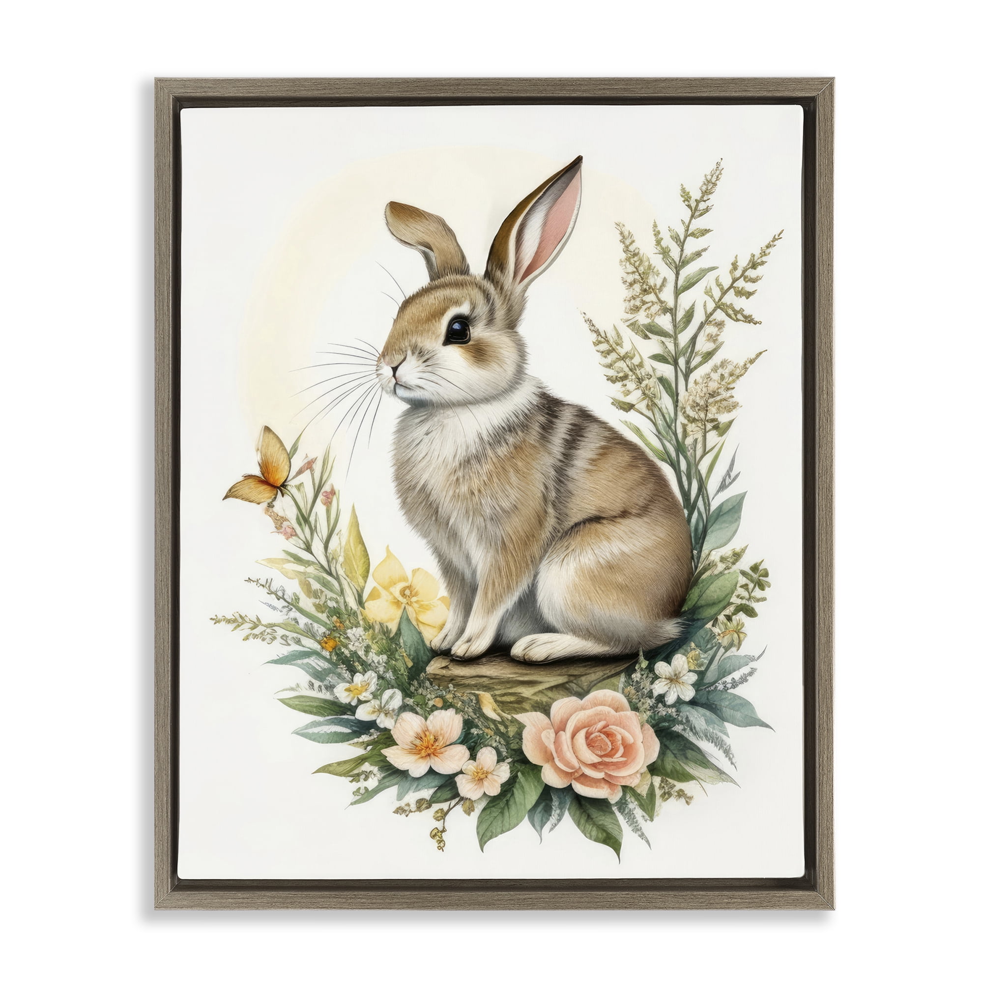 Stupell Industries Rabbit Among Flowers Animals & Insects Painting Brown Floater Framed Canvas Art Print Wall Art, 17 x 21