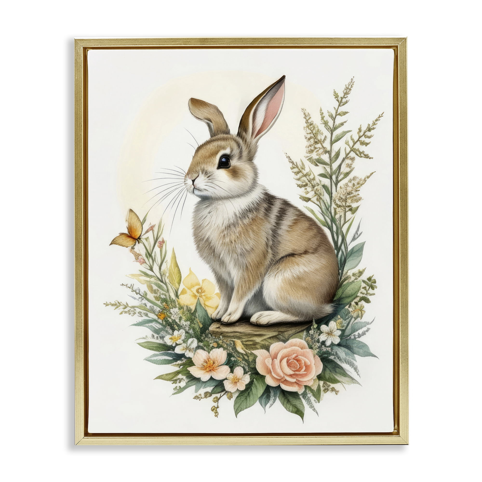 Stupell Industries Rabbit Among Flowers Animals & Insects Painting Gold Floater Framed Canvas Art Print Wall Art, 17 x 21