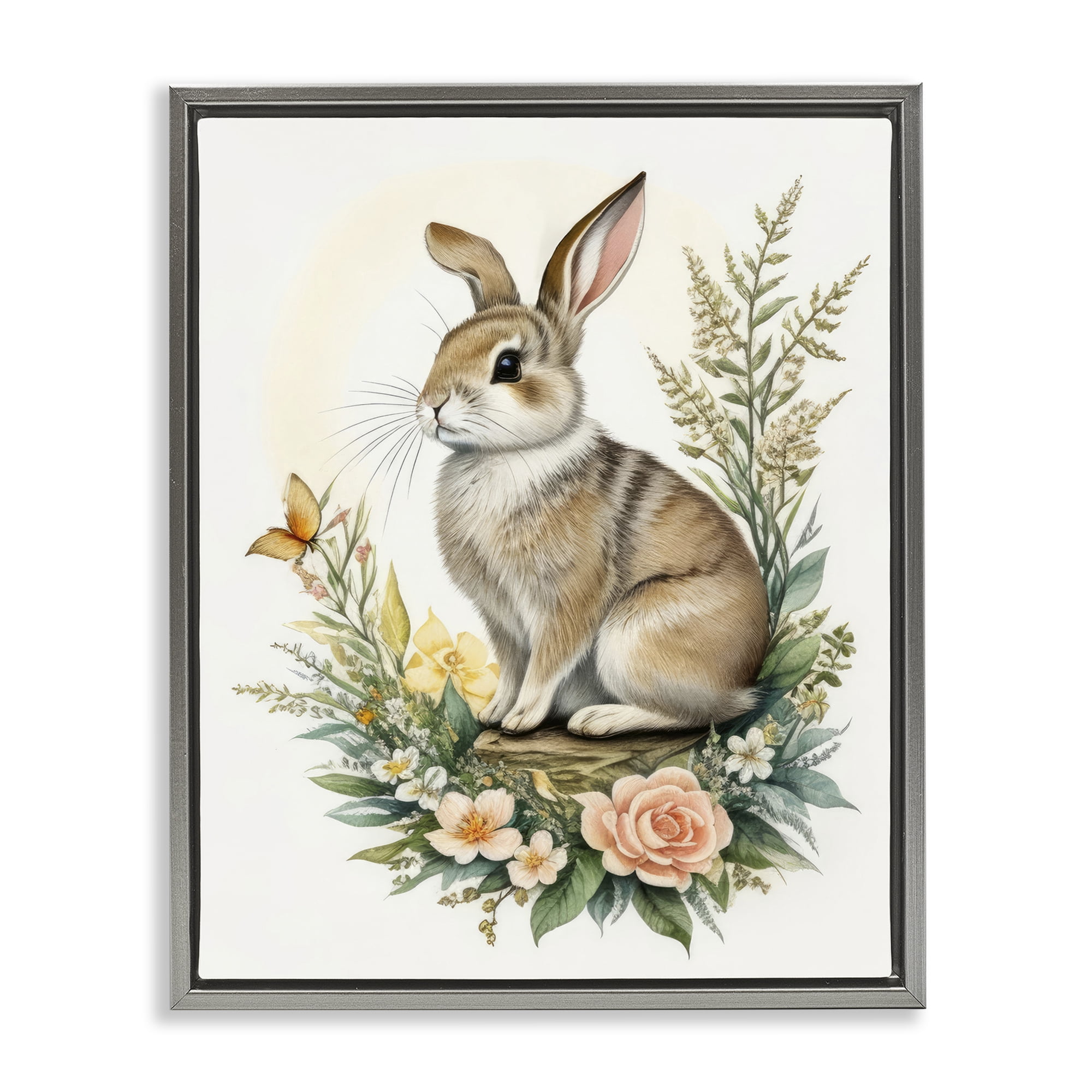 Stupell Industries Rabbit Among Flowers Animals & Insects Painting Gray Floater Framed Canvas Art Print Wall Art, 17 x 21