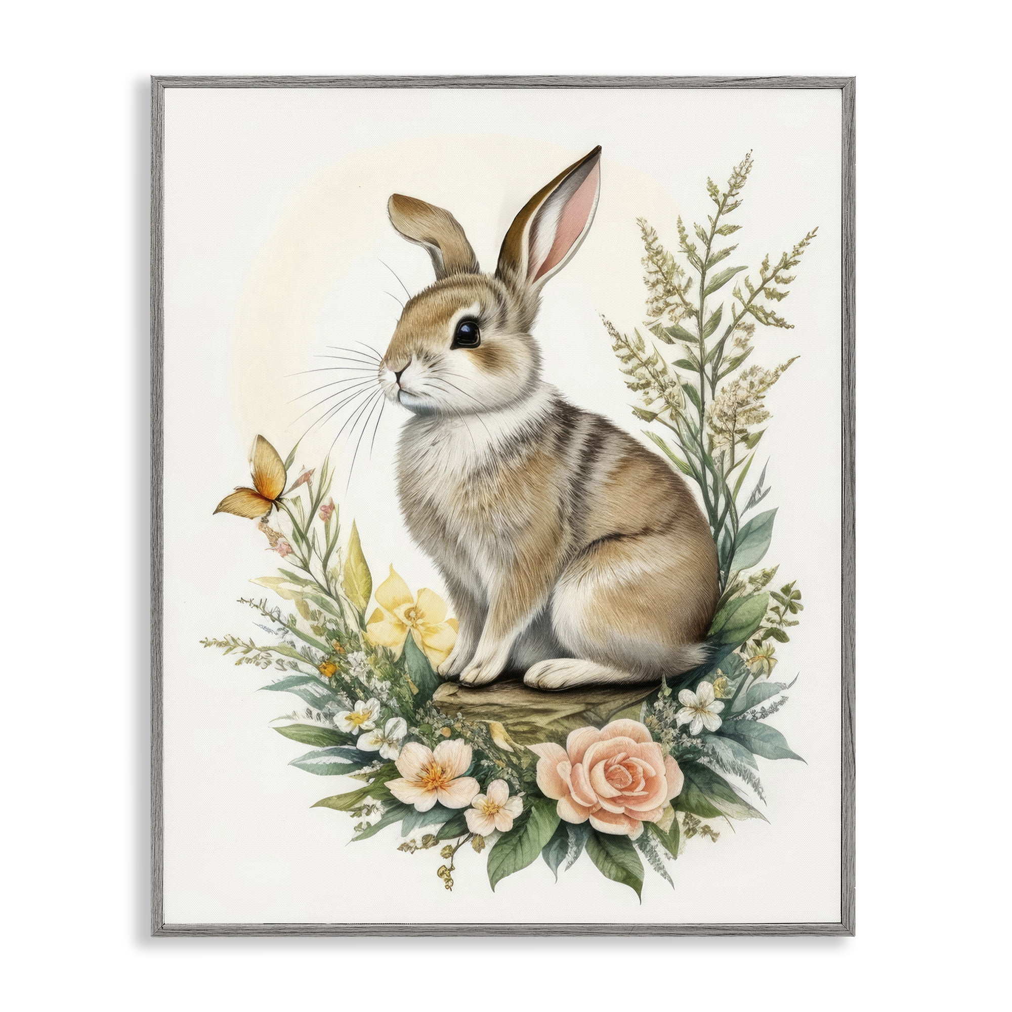 Stupell Industries Rabbit Among Flowers Animals & Insects Painting Gray Framed Art Print Wall Art, 16 x 20