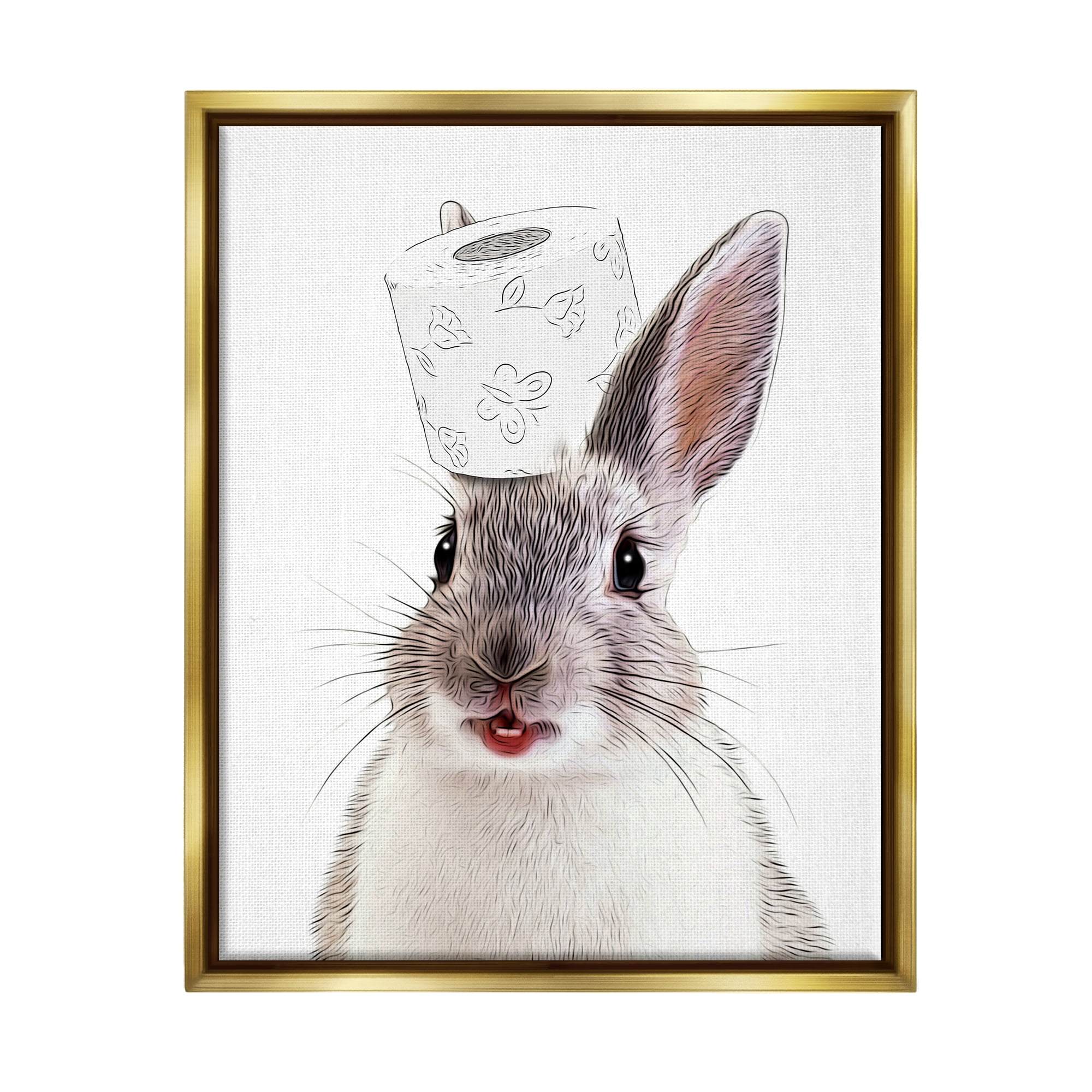 Stupell Industries Rabbit Balancing Toilet Paper Animals & Insects Painting Gold Floater Framed Art Print Wall Art