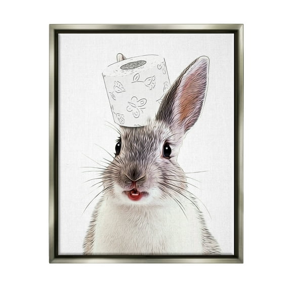 Stupell Industries Rabbit Balancing Toilet Paper Animals & Insects Painting Gray Floater Framed Art Print Wall Art