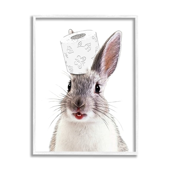 Stupell Industries Rabbit Balancing Toilet Paper Animals & Insects Painting White Framed Art Print Wall Art