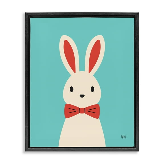 Stupell Industries Rabbit & Bowtie on Turquoise Animals Painting Black Floater Framed Canvas Art Print Wall Art, 17 x 21