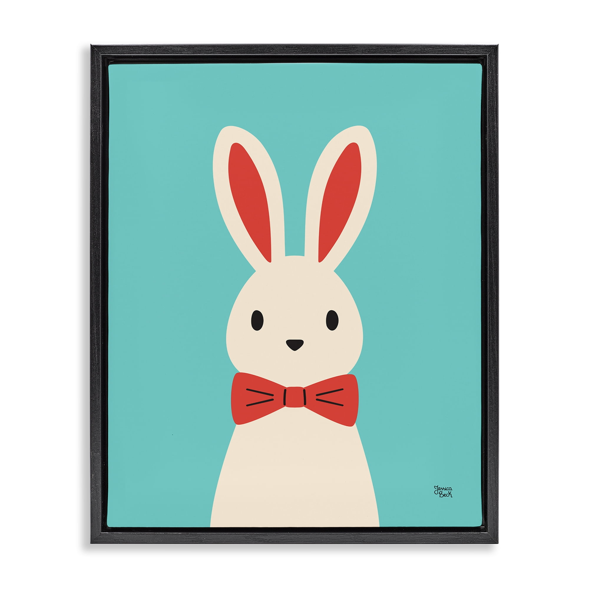Stupell Industries Rabbit & Bowtie on Turquoise Animals Painting Black Floater Framed Canvas Art Print Wall Art, 25 x 31