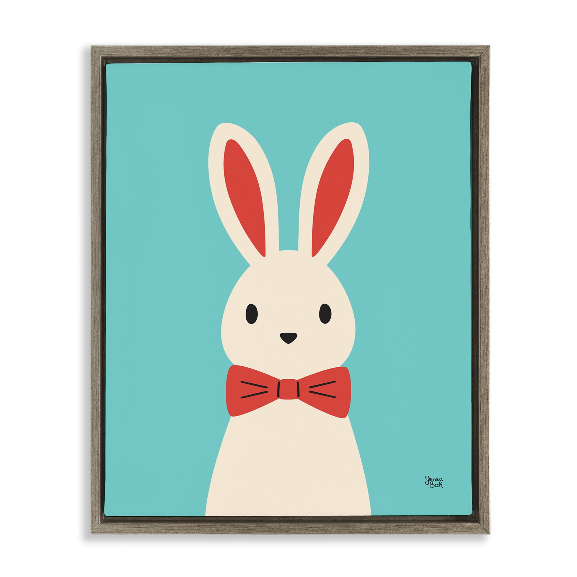 Stupell Industries Rabbit & Bowtie on Turquoise Animals Painting Brown Floater Framed Canvas Art Print Wall Art, 25 x 31