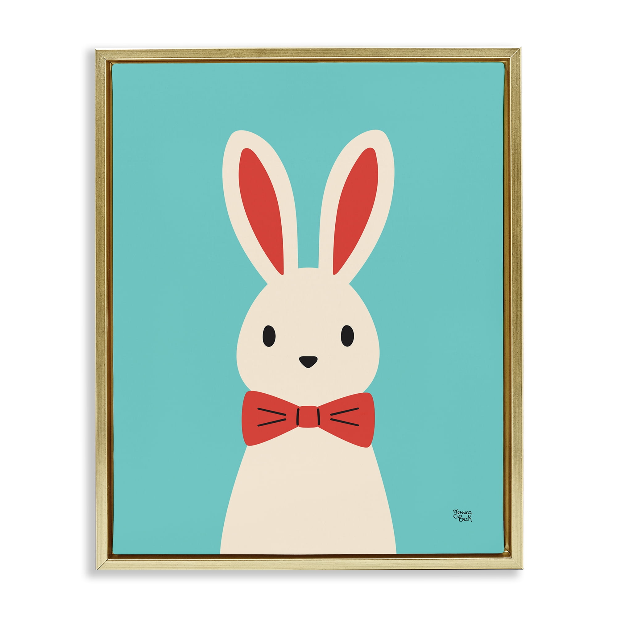 Stupell Industries Rabbit & Bowtie on Turquoise Animals Painting Gold Floater Framed Canvas Art Print Wall Art, 17 x 21