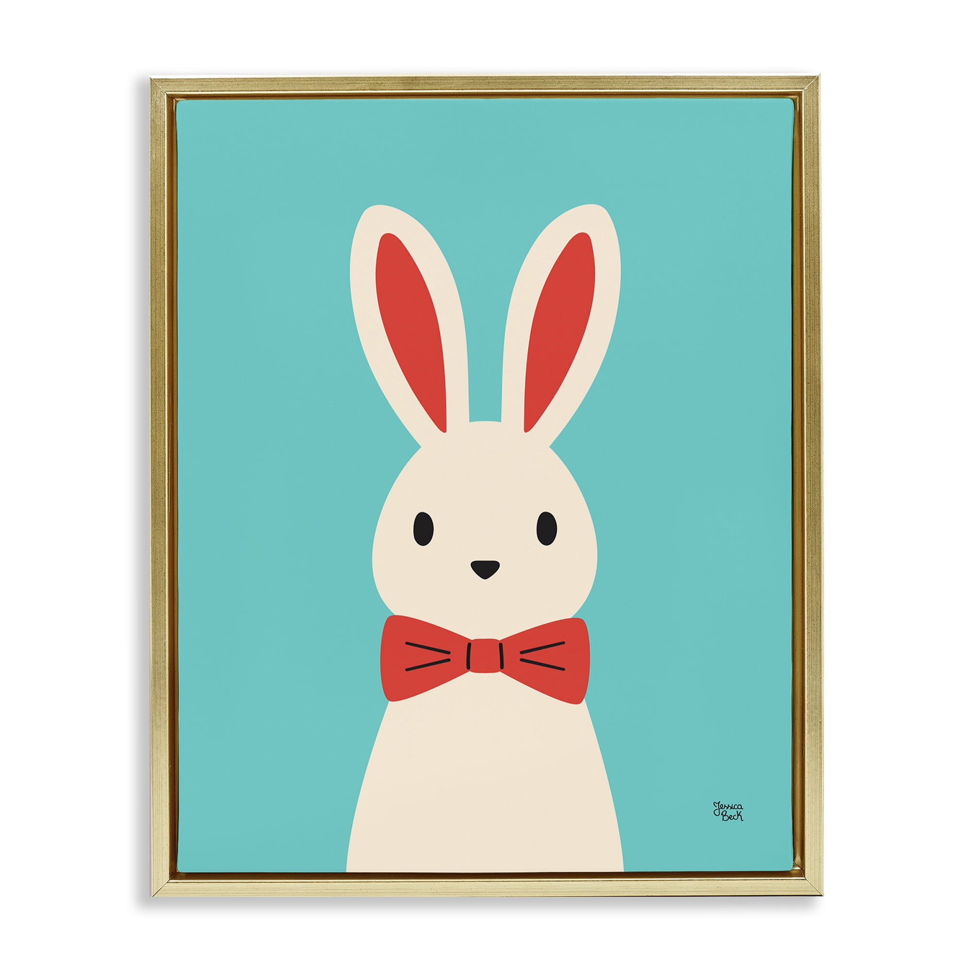 Stupell Industries Rabbit & Bowtie on Turquoise Animals Painting Gold Floater Framed Canvas Art Print Wall Art, 25 x 31