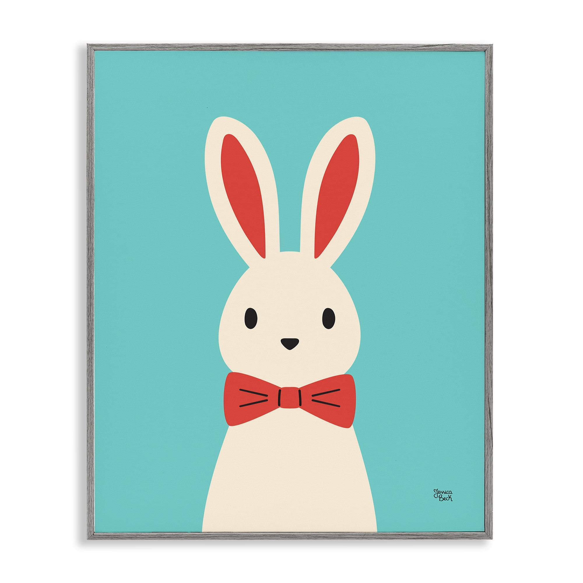 Stupell Industries Rabbit & Bowtie on Turquoise Animals Painting Gray Framed Art Print Wall Art, 11 x 14