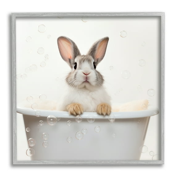 Stupell Industries Rabbit Bubble Bath Animals & Insects Painting Gray Framed Art Print Wall Art, 17 x 17