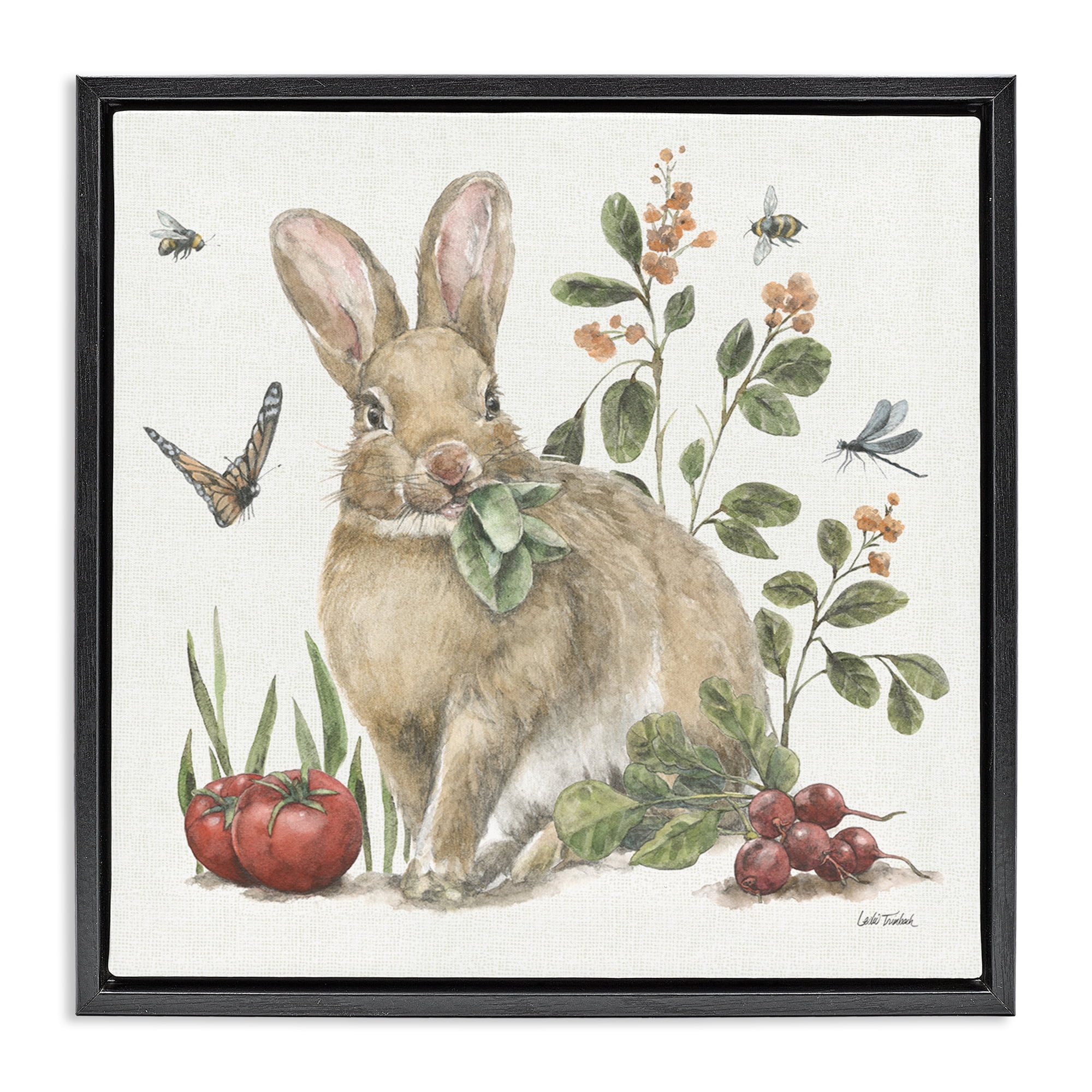 Stupell Industries Rabbit & Butterfly Garden Animals & Insects Painting Black Floater Framed Canvas Art Print Wall Art, 18 x 18
