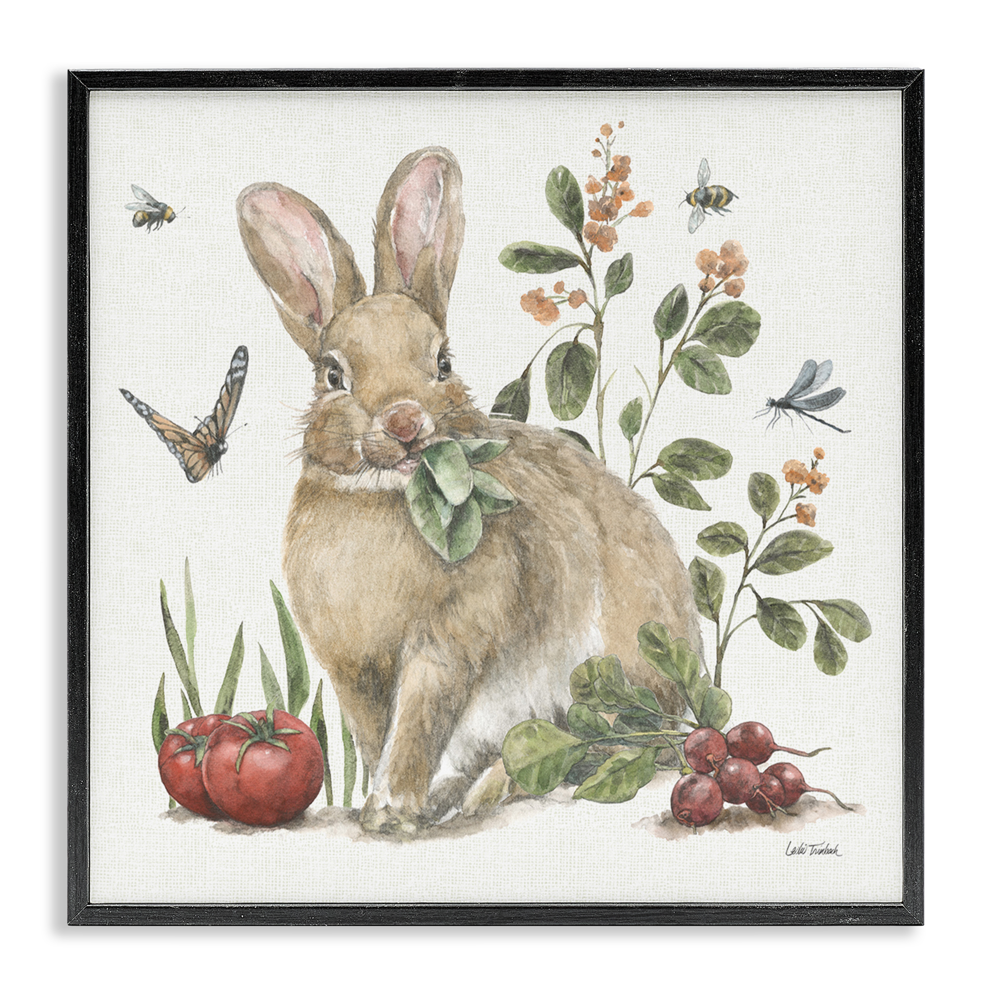 Stupell Industries Rabbit & Butterfly Garden Animals & Insects Painting Black Framed Art Print Wall Art, 12 x 12