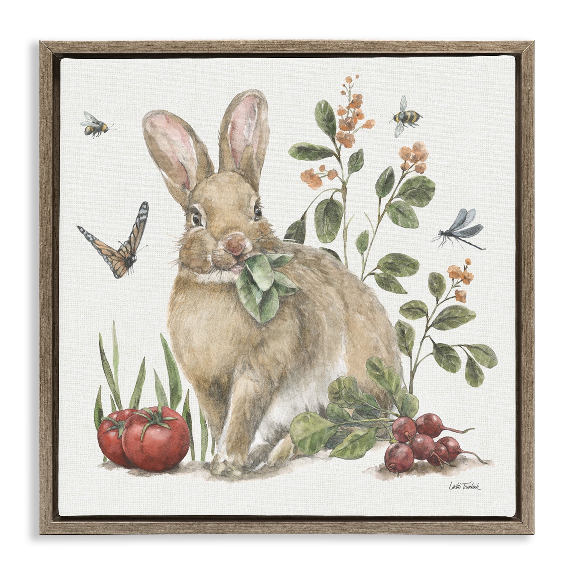 Stupell Industries Rabbit & Butterfly Garden Animals & Insects Painting Brown Floater Framed Canvas Art Print Wall Art, 18 x 18