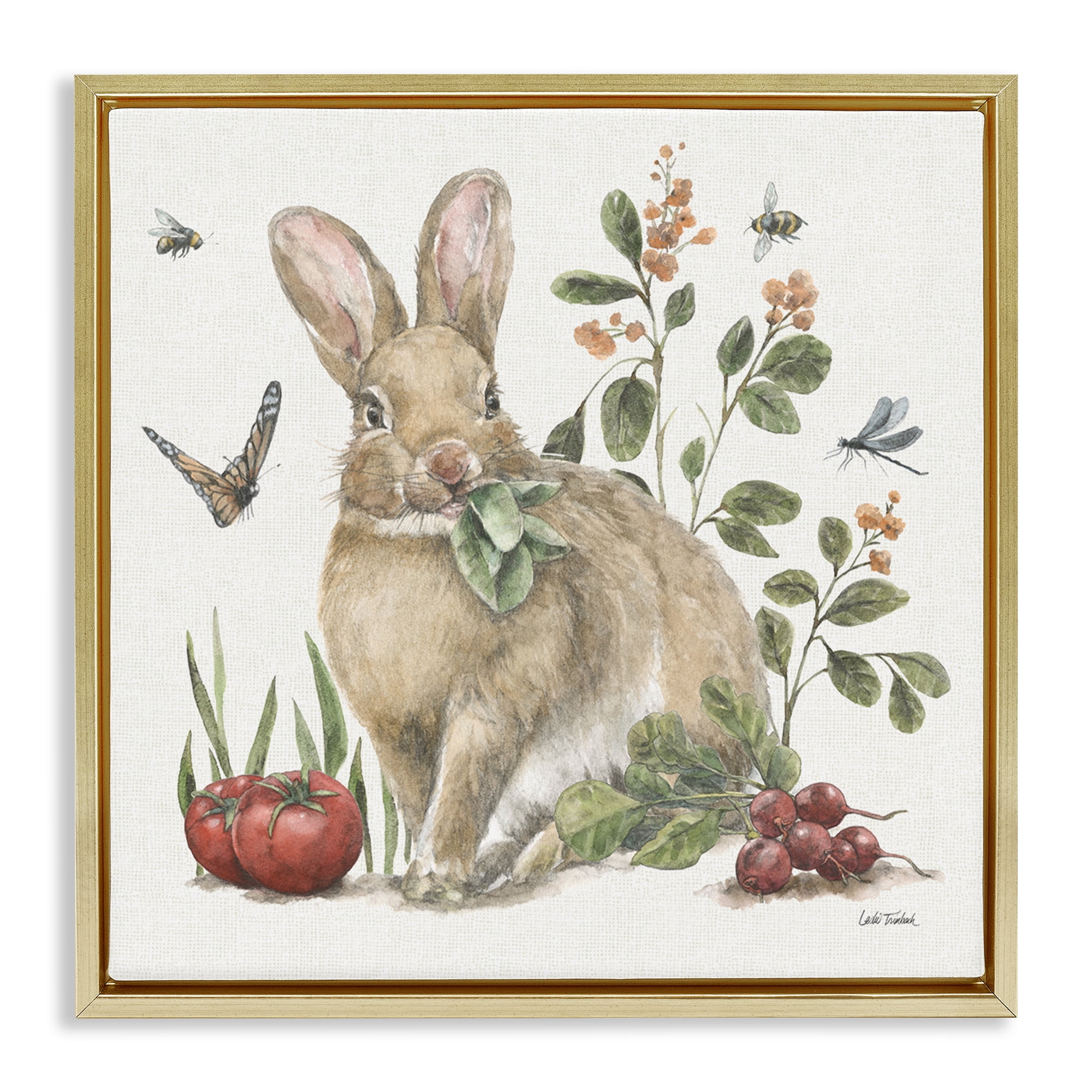 Stupell Industries Rabbit & Butterfly Garden Animals & Insects Painting Gold Floater Framed Canvas Art Print Wall Art, 25 x 25