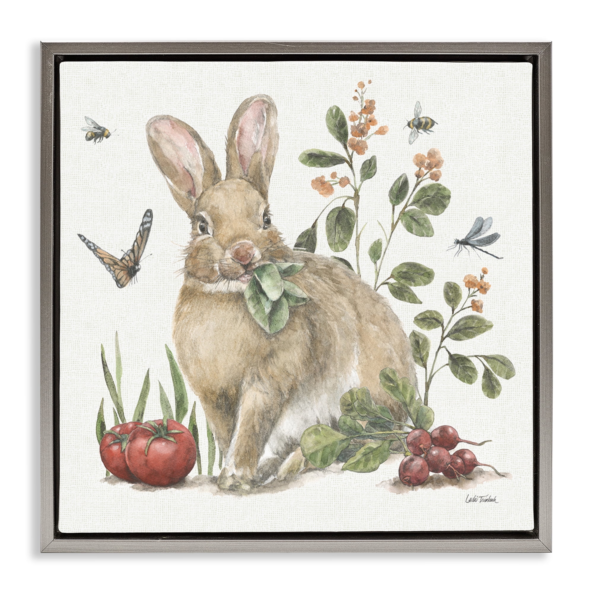 Stupell Industries Rabbit & Butterfly Garden Animals & Insects Painting Gray Floater Framed Canvas Art Print Wall Art, 18 x 18