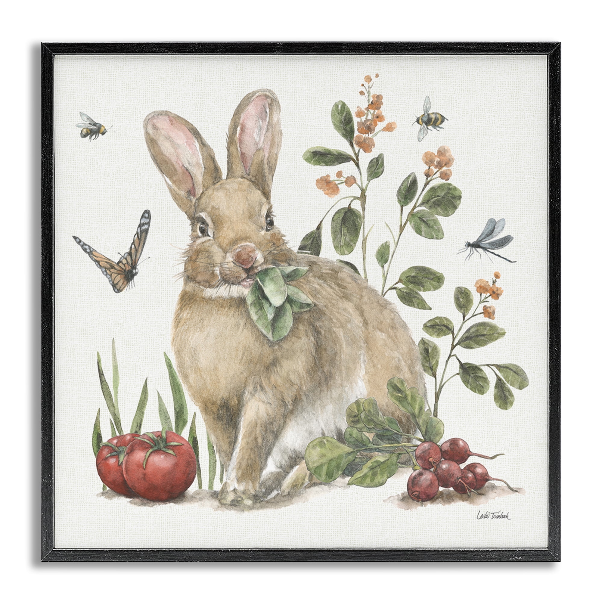 Stupell Industries Rabbit & Butterfly Garden Animals & Insects Painting Gray Framed Art Print Wall Art, 12 x 12
