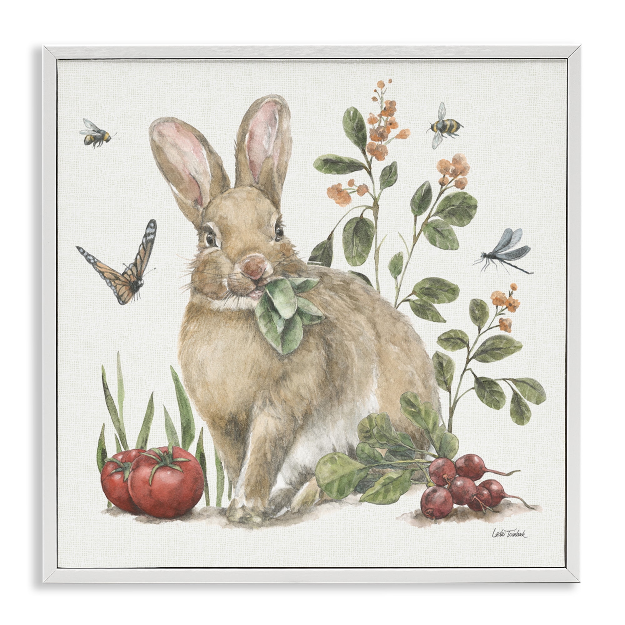 Stupell Industries Rabbit & Butterfly Garden Animals & Insects Painting White Framed Art Print Wall Art, 24 x 24