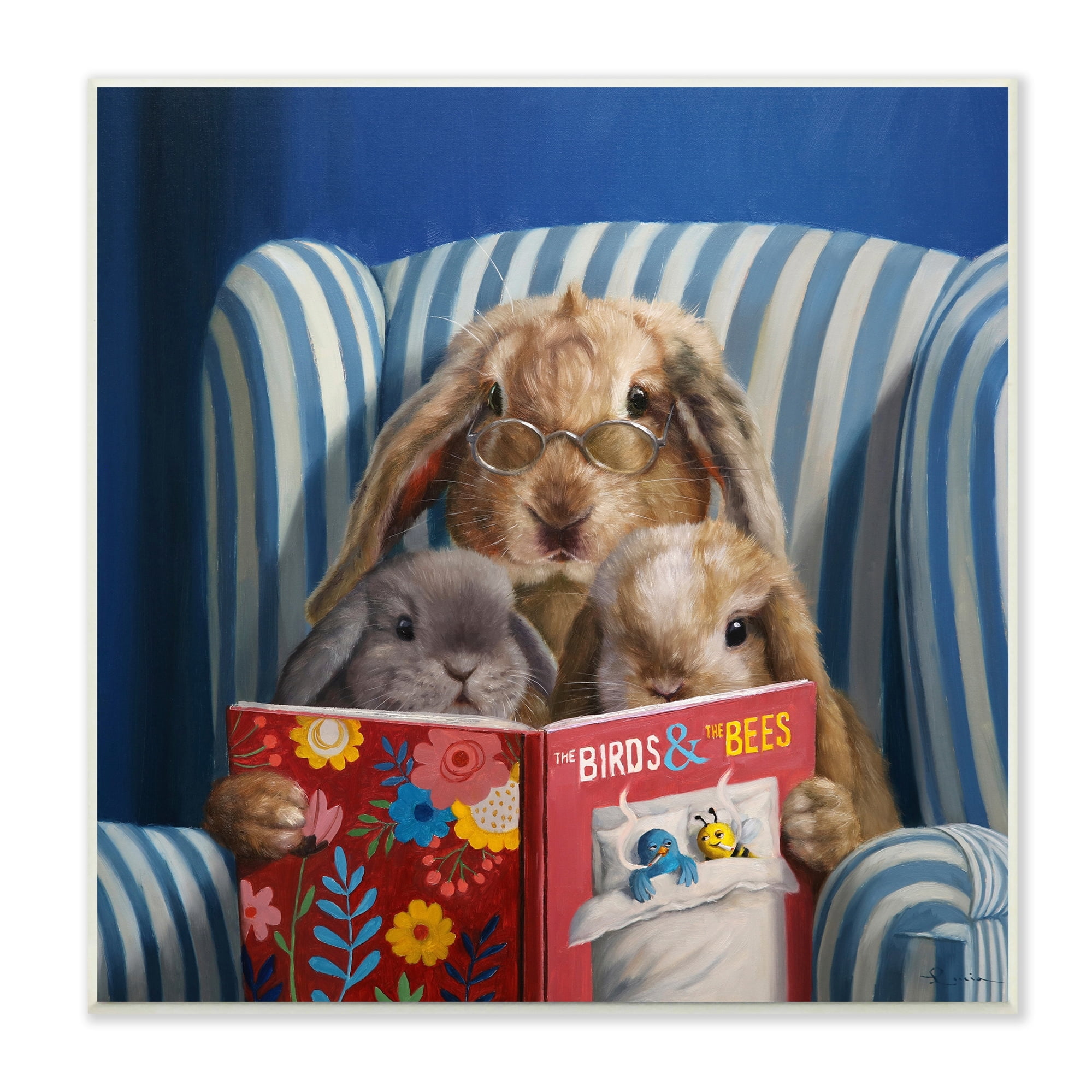 Stupell Industries Rabbit Family Reading Book Birds & Bees Armchair Wood Wall Art, 12 x 12, Design by Lucia Heffernan