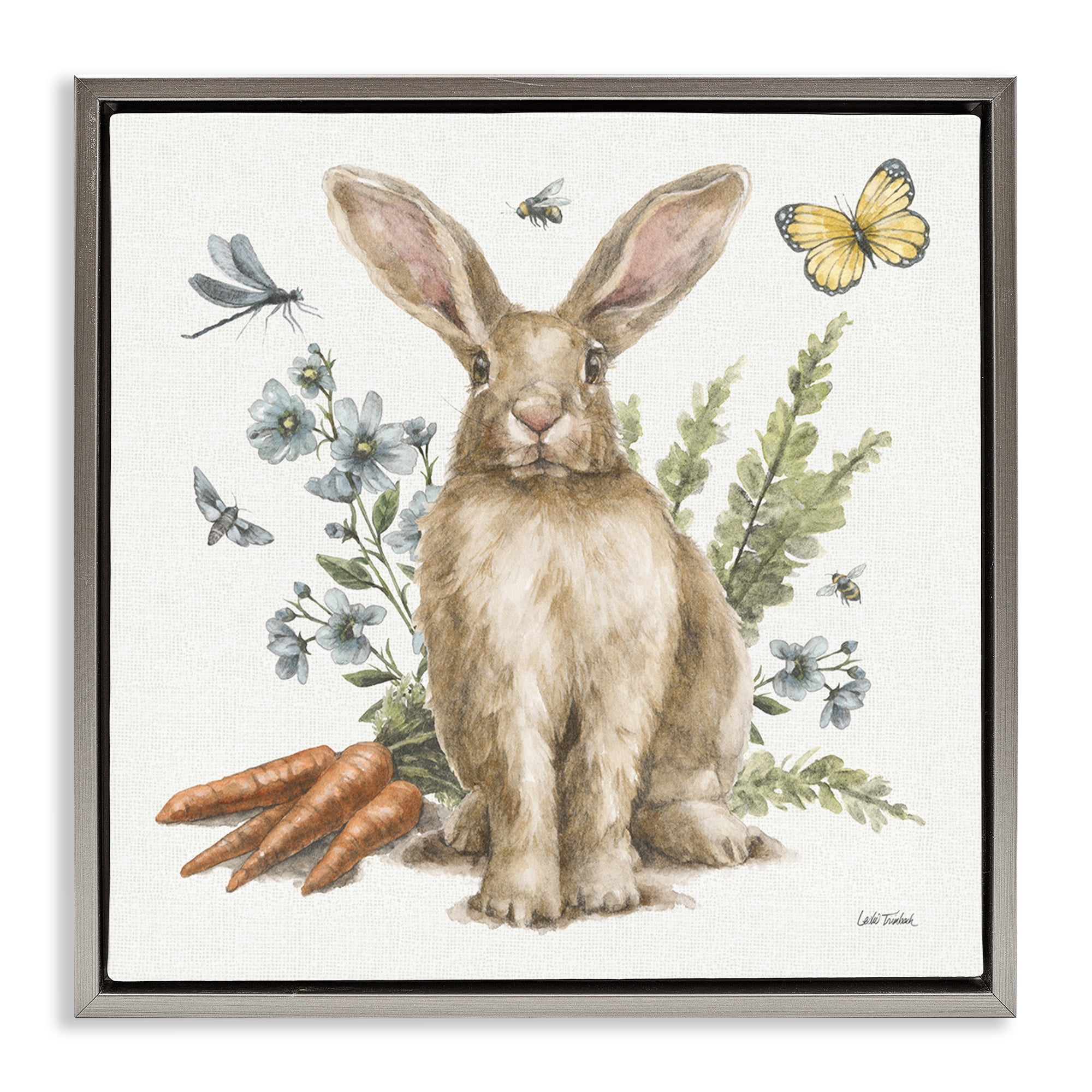 Stupell Industries Rabbit & Garden Patch Animals & Insects Painting Gray Floater Framed Canvas Art Print Wall Art, 18 x 18