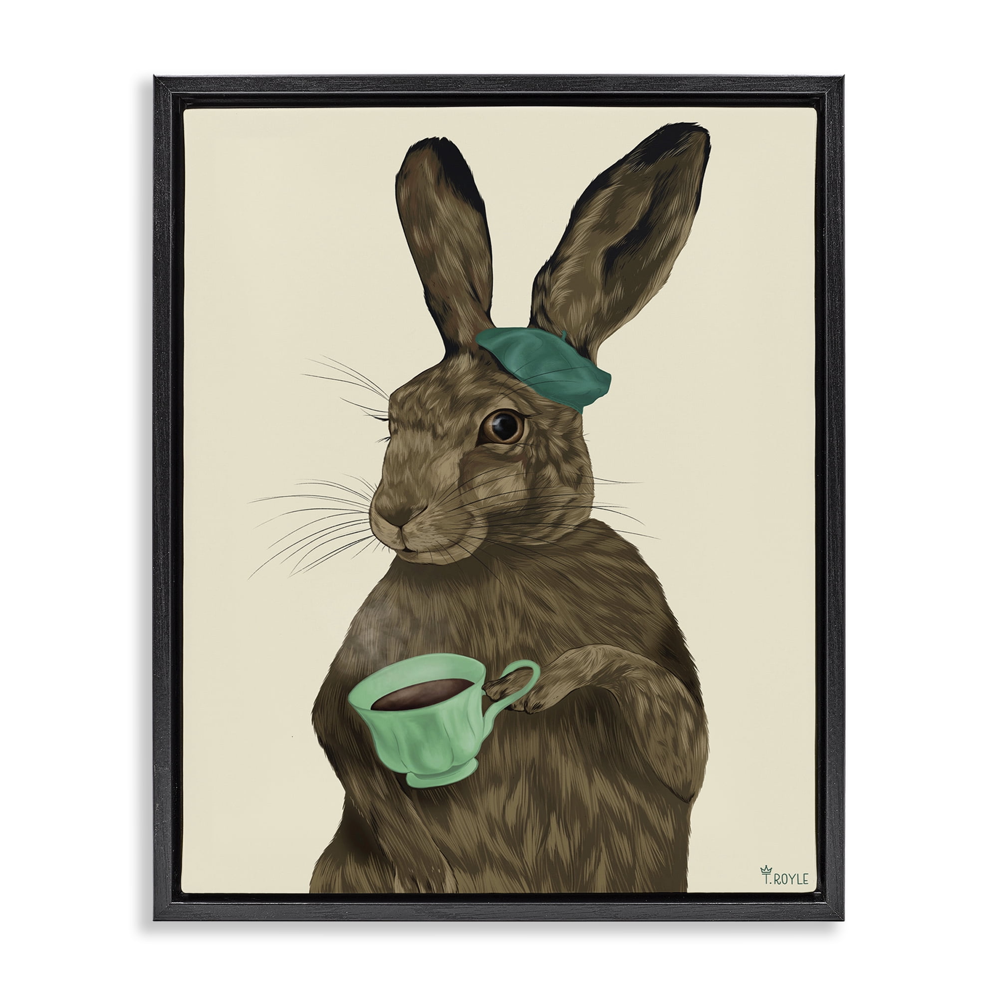 Stupell Industries Rabbit & Green Teacup Animals & Insects Painting Black Floater Framed Canvas Art Print Wall Art, 25 x 31