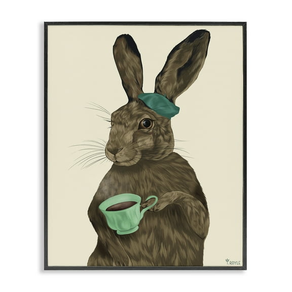 Stupell Industries Rabbit & Green Teacup Animals & Insects Painting Black Framed Art Print Wall Art, 11 x 14