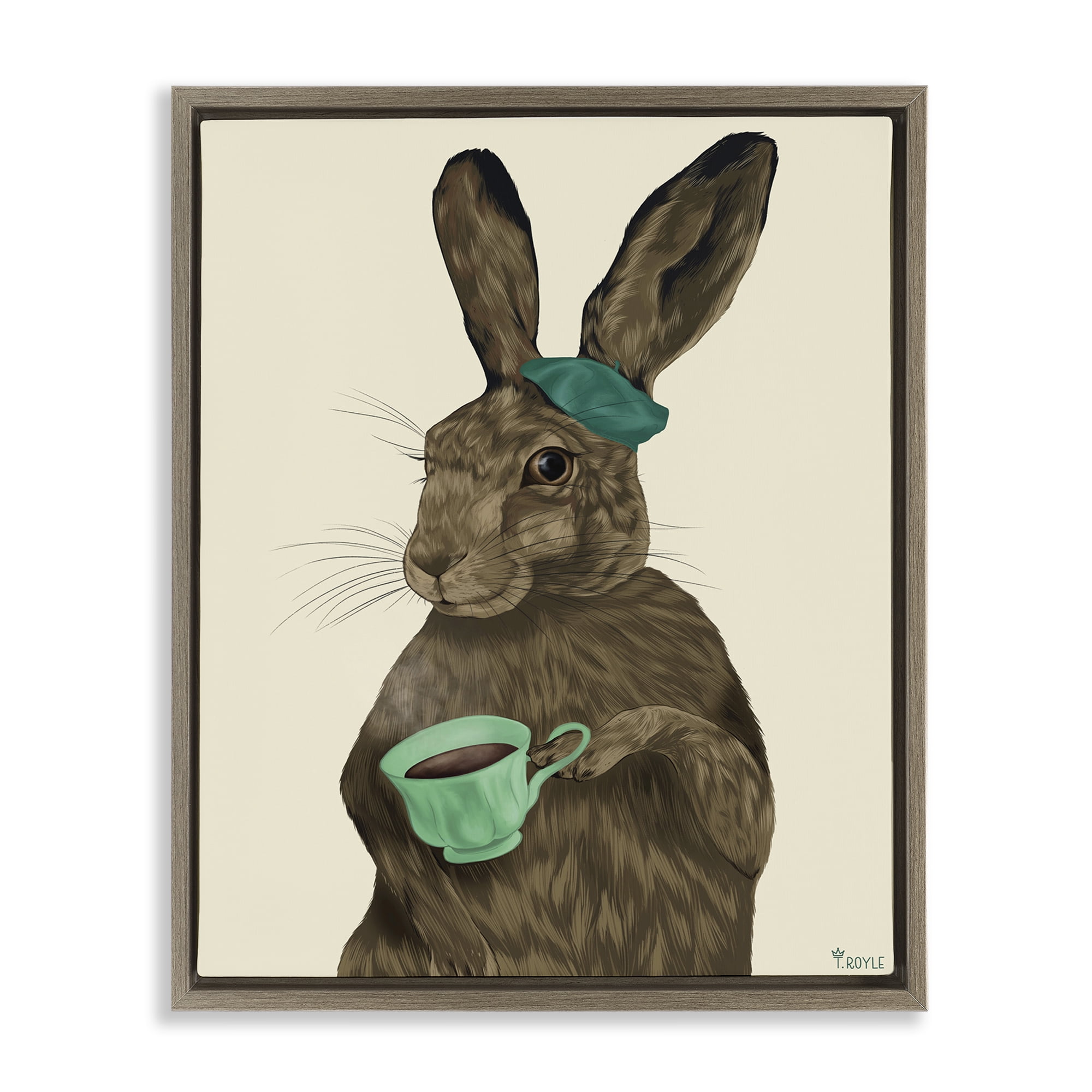 Stupell Industries Rabbit & Green Teacup Animals & Insects Painting Brown Floater Framed Canvas Art Print Wall Art, 25 x 31