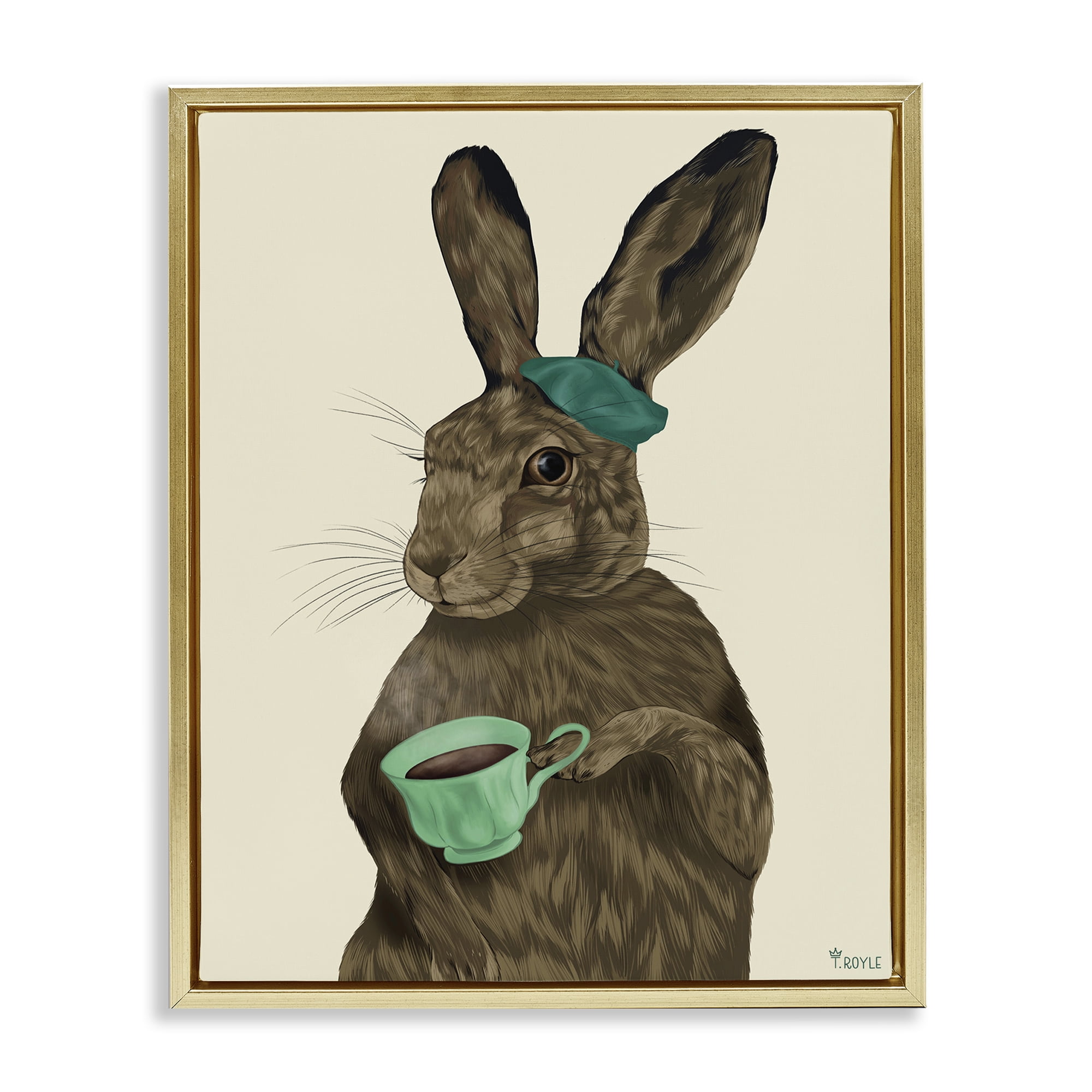 Stupell Industries Rabbit & Green Teacup Animals & Insects Painting Gold Floater Framed Canvas Art Print Wall Art, 25 x 31