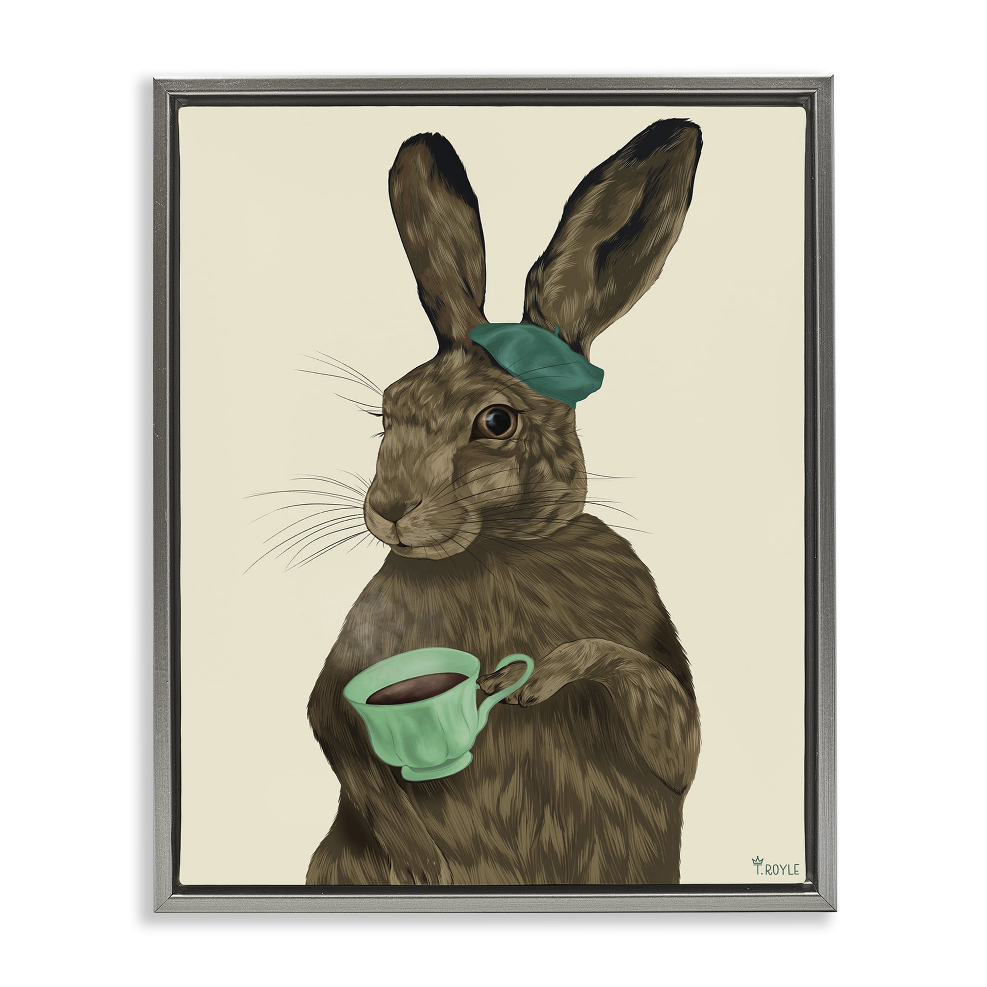 Stupell Industries Rabbit & Green Teacup Animals & Insects Painting Gray Floater Framed Canvas Art Print Wall Art, 17 x 21