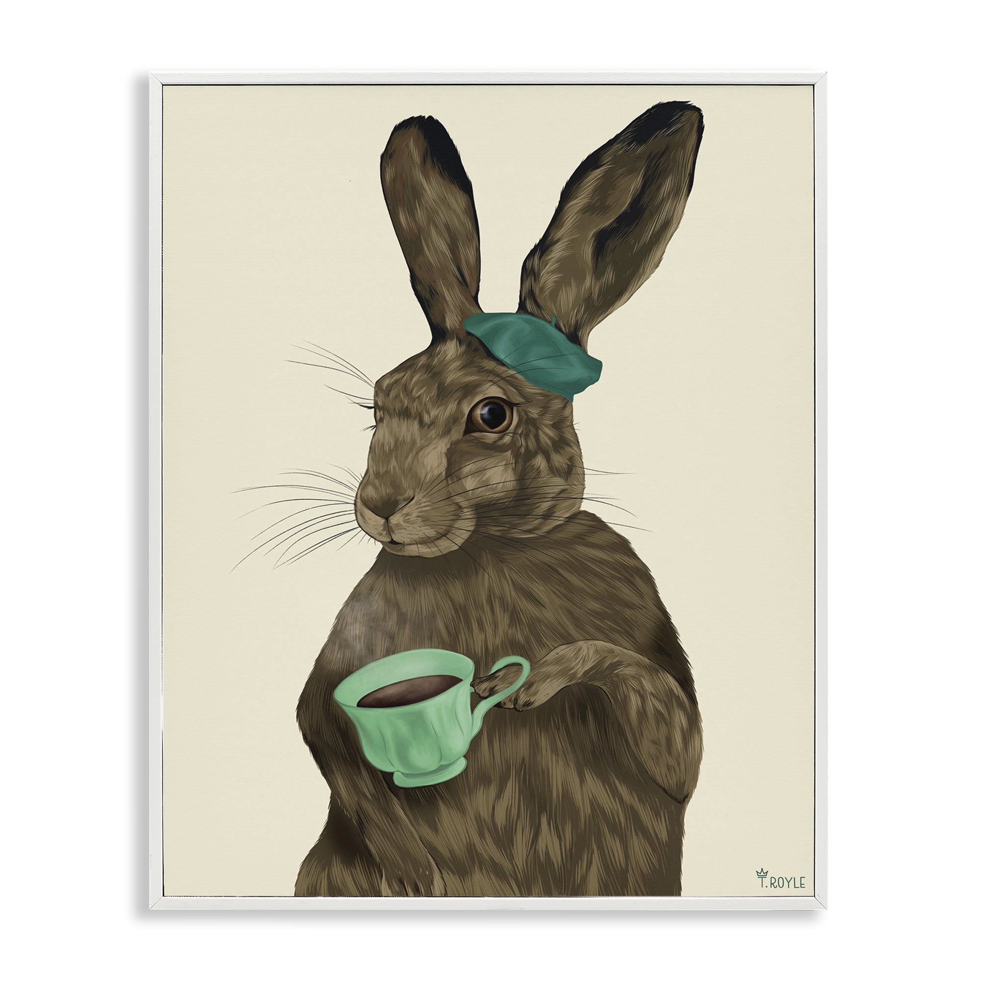 Stupell Industries Rabbit & Green Teacup Animals & Insects Painting White Framed Art Print Wall Art, 24 x 30