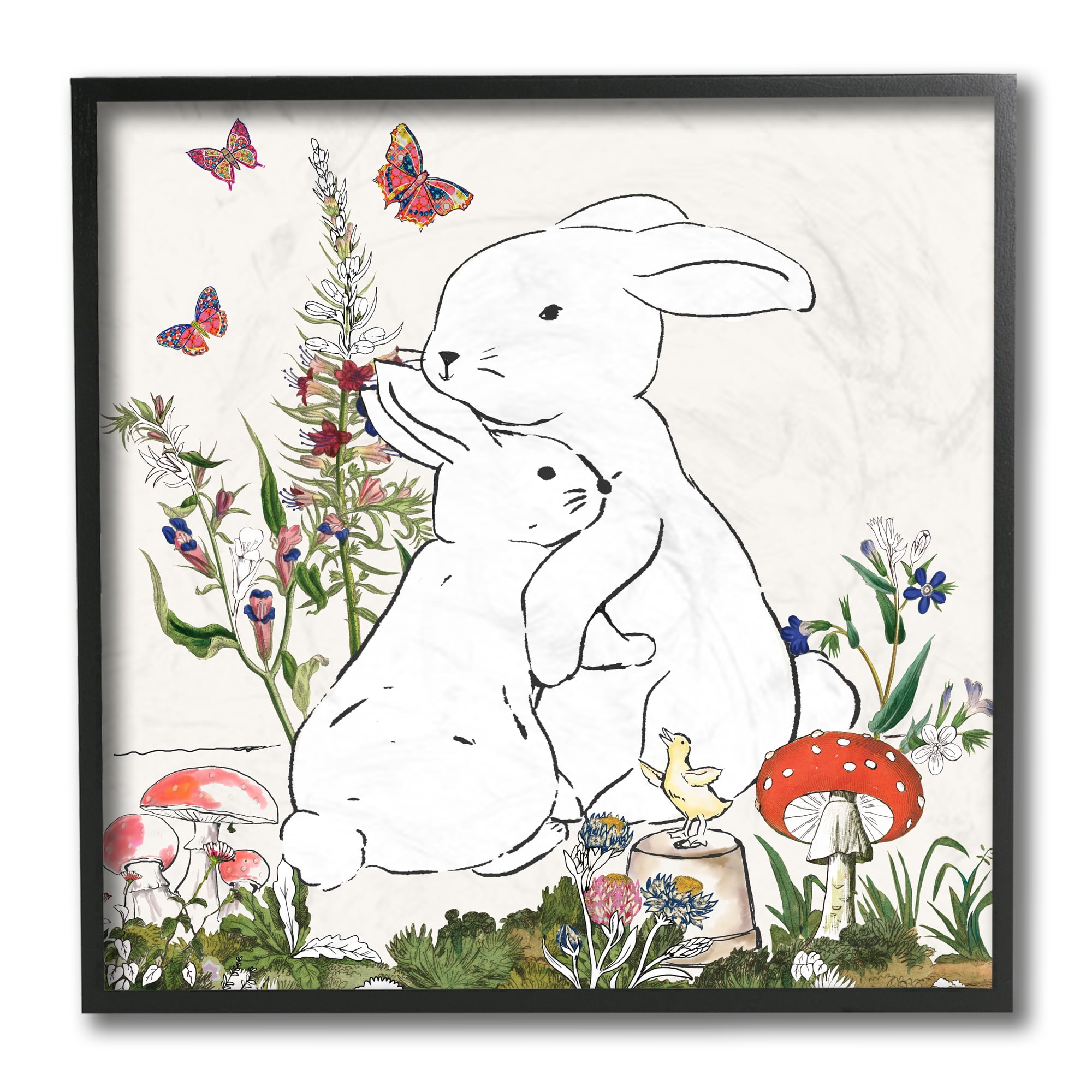 Stupell Industries Rabbit Hugs in Spring Meadow Butterfly Garden Black Framed, 12 x 12, Design by Sangita Bachelet